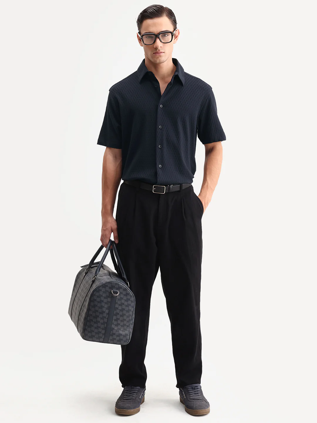 Rare Rabbit Men's Borp-26 Navy Cotton Fabric Half Sleeve Spread Collar Regular Fit Jacquard Shirt - Image 2