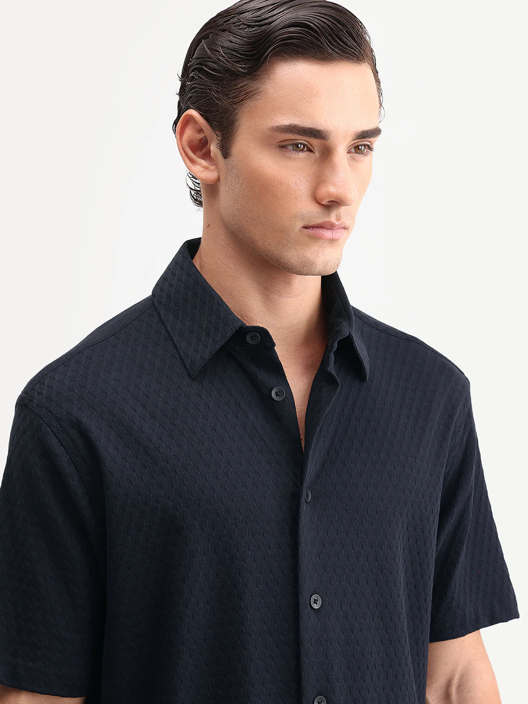 Rare Rabbit Men's Borp-26 Navy Cotton Fabric Half Sleeve Spread Collar Regular Fit Jacquard Shirt - Image 3