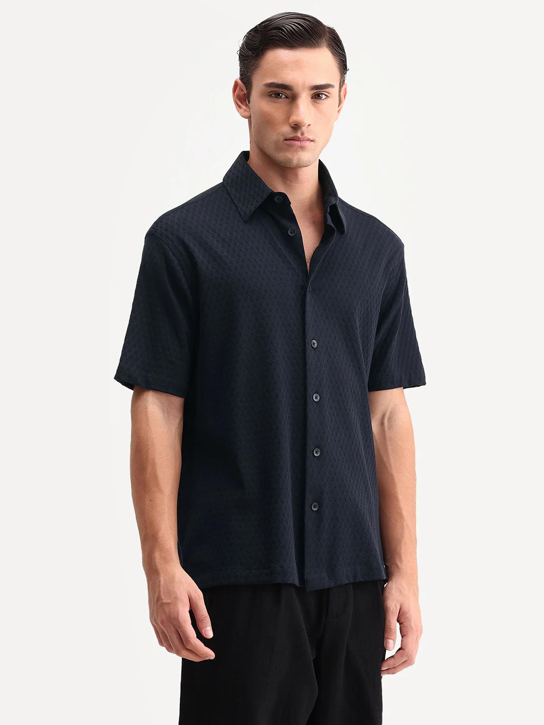 Rare Rabbit Men's Borp-26 Navy Cotton Fabric Half Sleeve Spread Collar Regular Fit Jacquard Shirt - Image 4