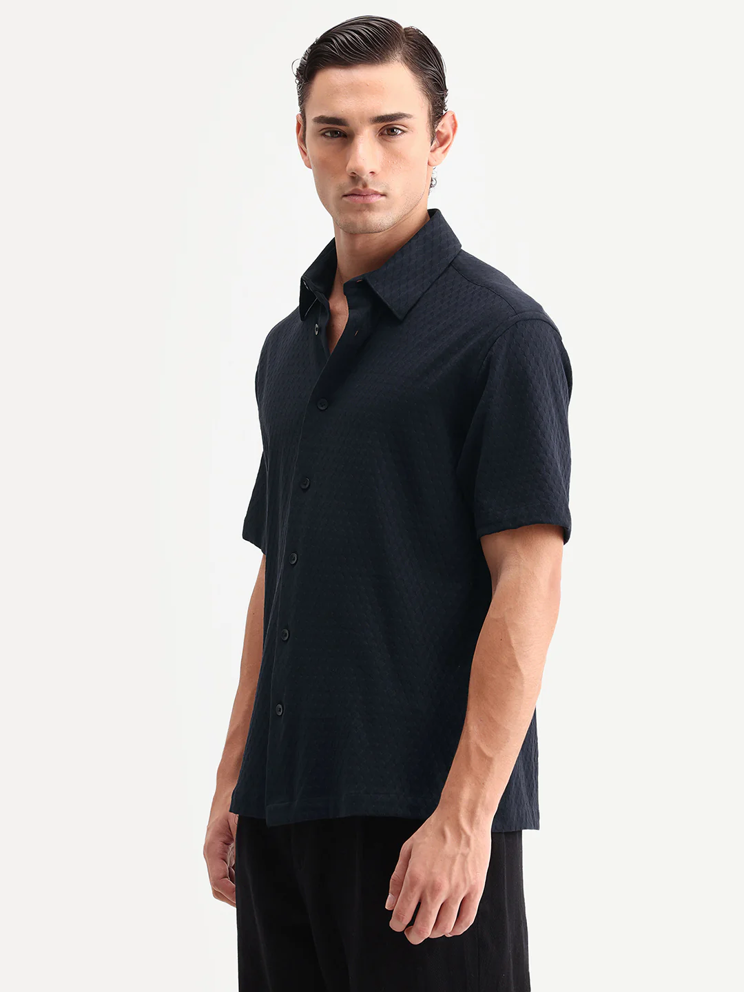 Rare Rabbit Men's Borp-26 Navy Cotton Fabric Half Sleeve Spread Collar Regular Fit Jacquard Shirt - Image 5