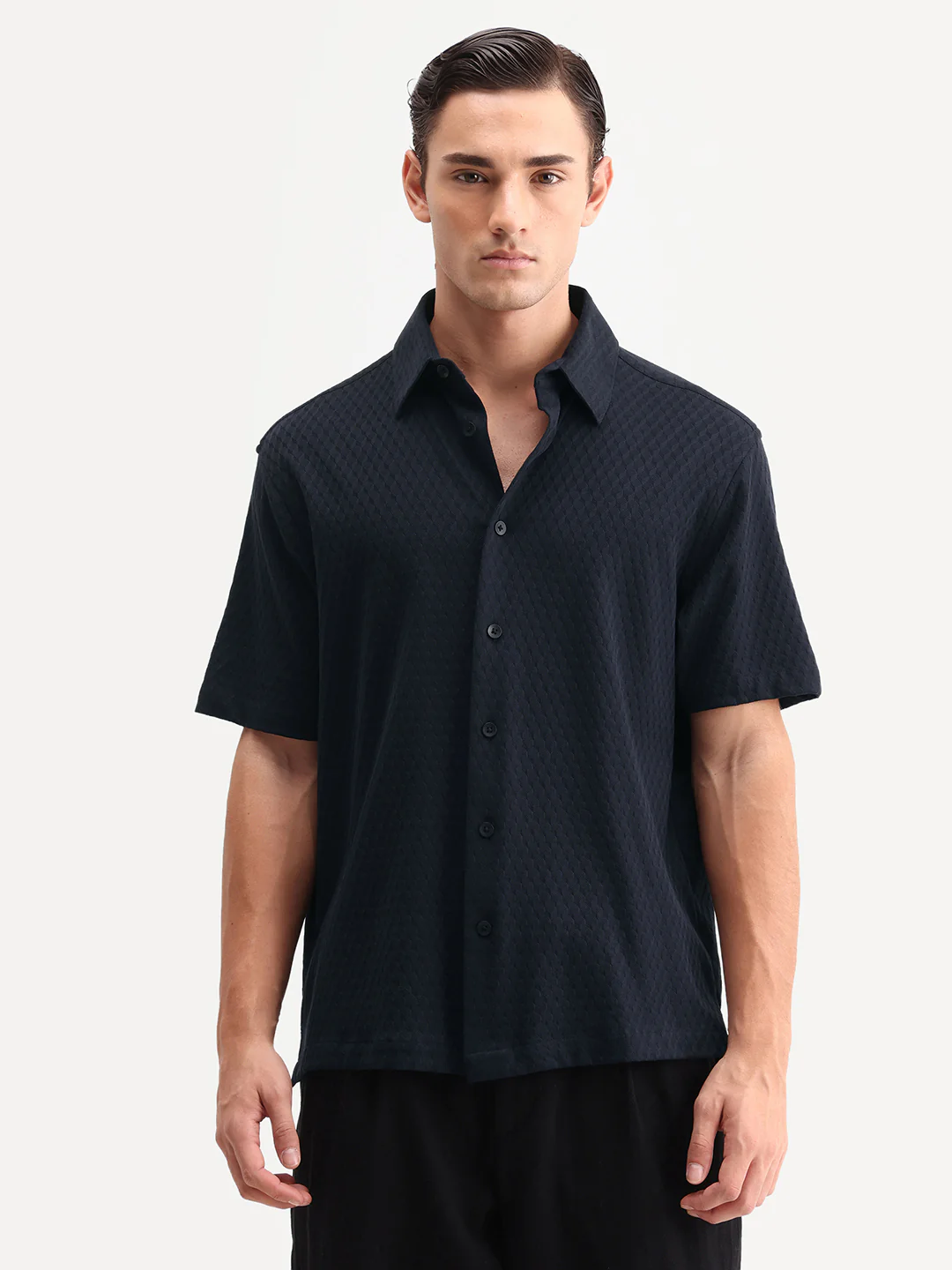 Rare Rabbit Men's Borp-26 Navy Cotton Fabric Half Sleeve Spread Collar Regular Fit Jacquard Shirt - Image 6