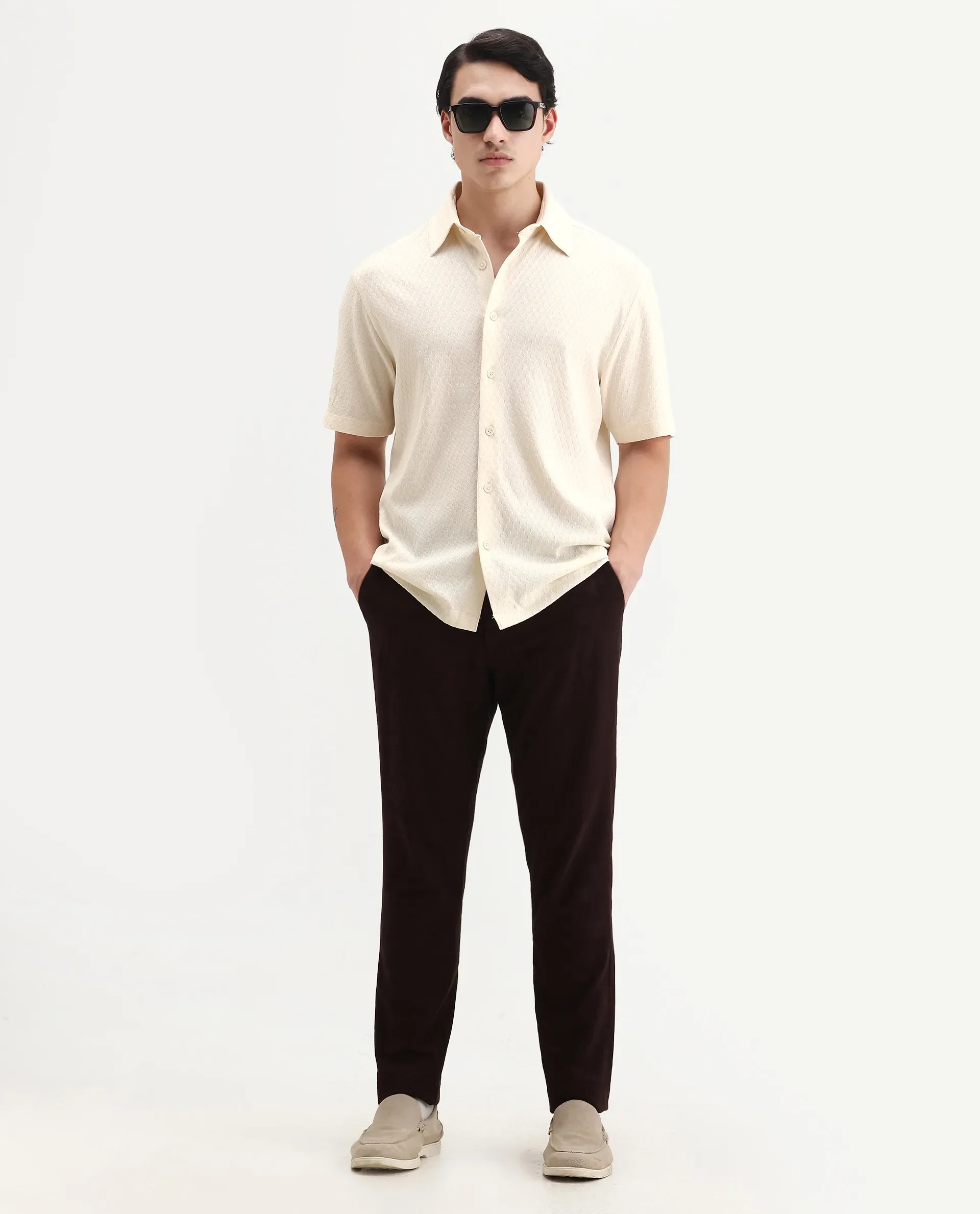 Rare Rabbit Men's Borp Beige Cotton Plain Relaxed Fit Half Sleeve Collared Shirt - Image 2