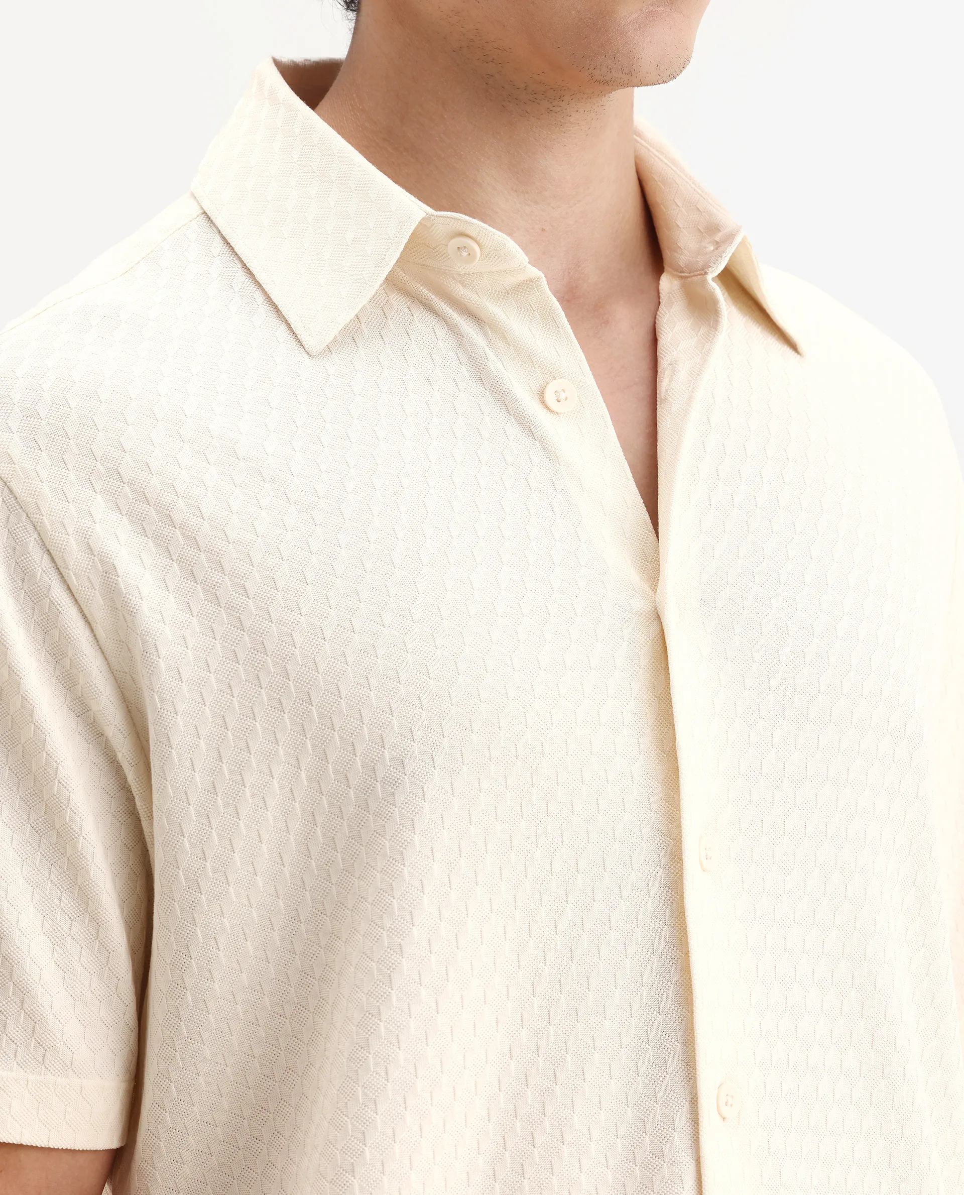 Rare Rabbit Men's Borp Beige Cotton Plain Relaxed Fit Half Sleeve Collared Shirt - Image 3