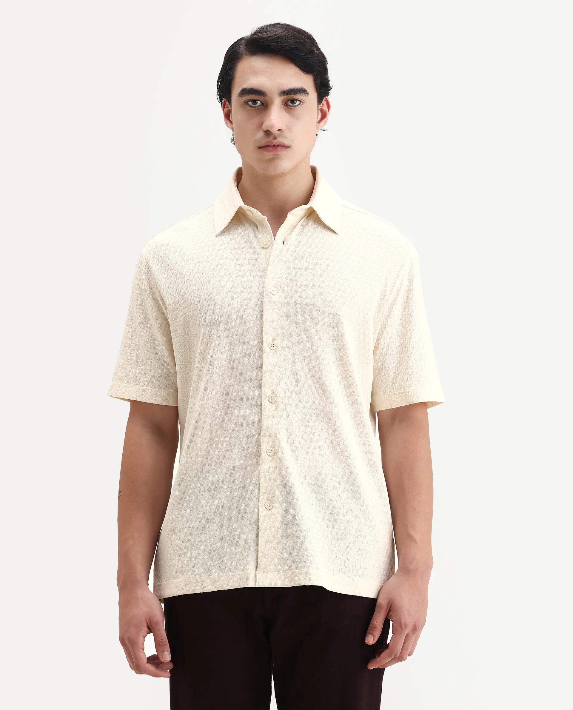 Rare Rabbit Men's Borp Beige Cotton Plain Relaxed Fit Half Sleeve Collared Shirt - Image 4