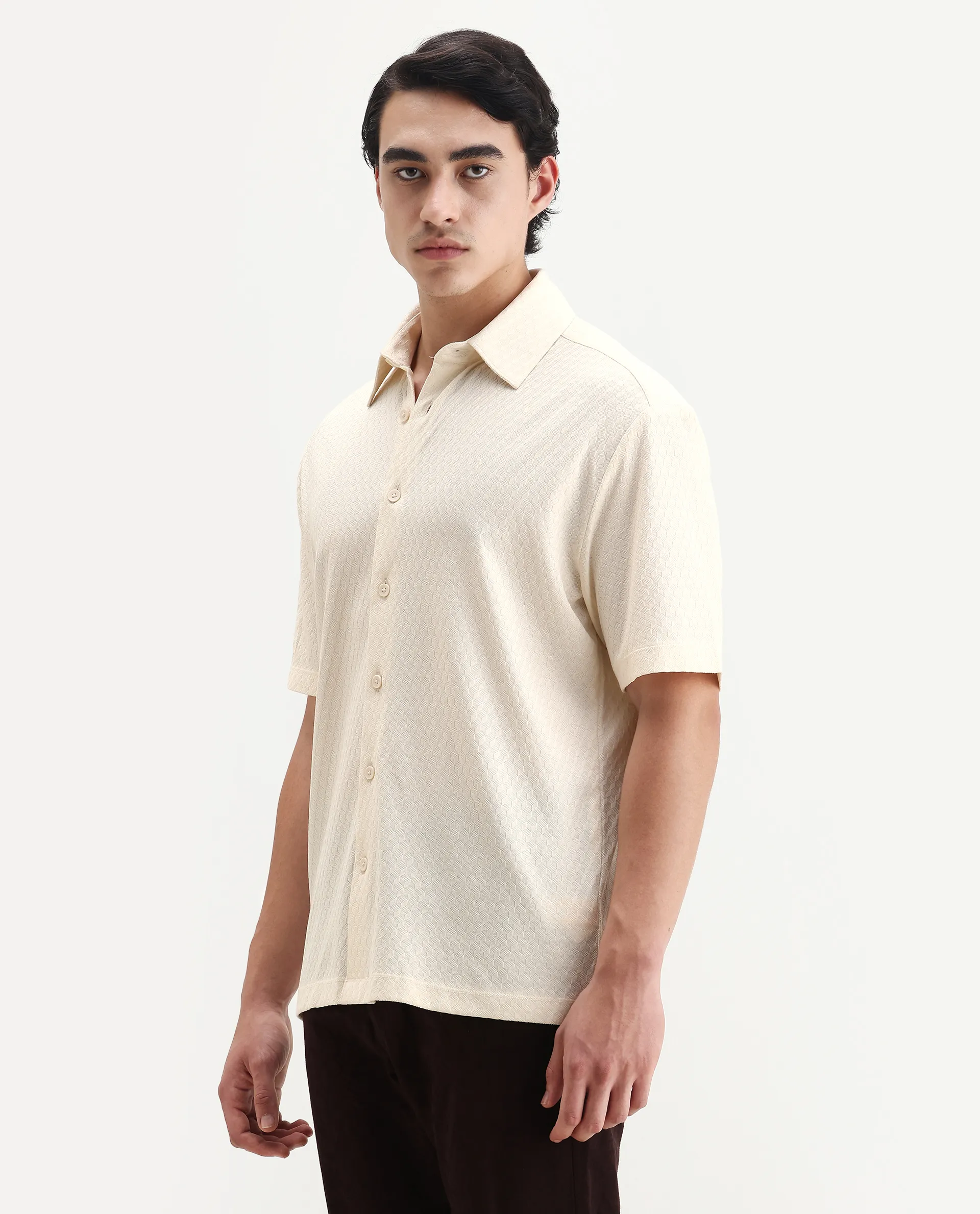 Rare Rabbit Men's Borp Beige Cotton Plain Relaxed Fit Half Sleeve Collared Shirt - Image 5