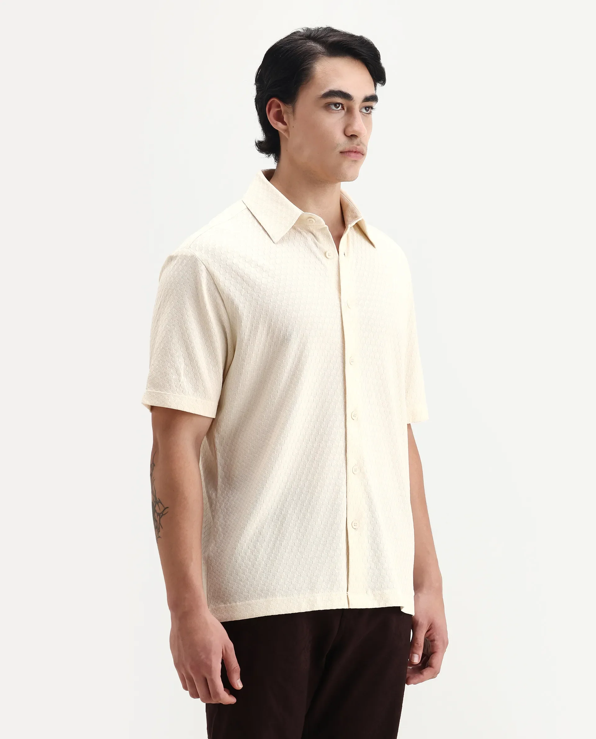 Rare Rabbit Men's Borp Beige Cotton Plain Relaxed Fit Half Sleeve Collared Shirt - Image 6