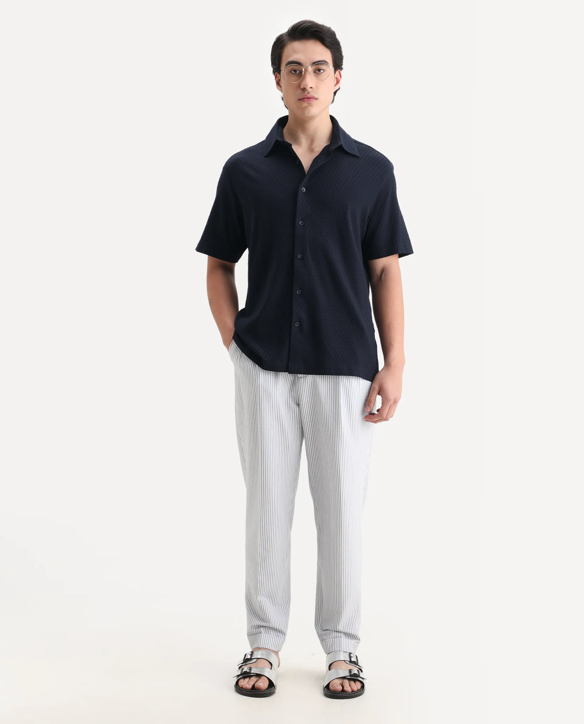 Rare Rabbit Men's Borp Dark Navy Cotton Plain Relaxed Fit Half Sleeve Collared Shirt - Image 2