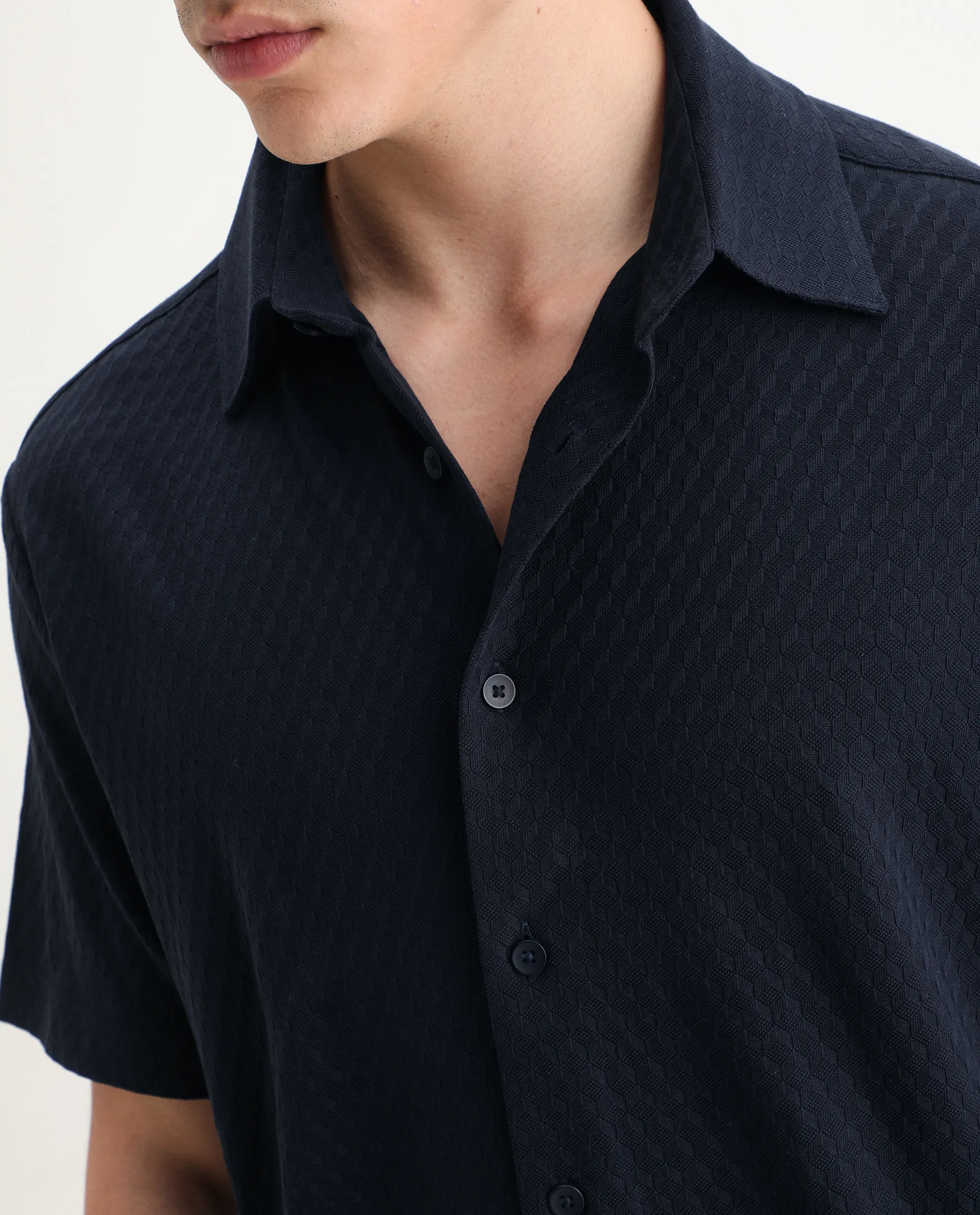 Rare Rabbit Men's Borp Dark Navy Cotton Plain Relaxed Fit Half Sleeve Collared Shirt - Image 3