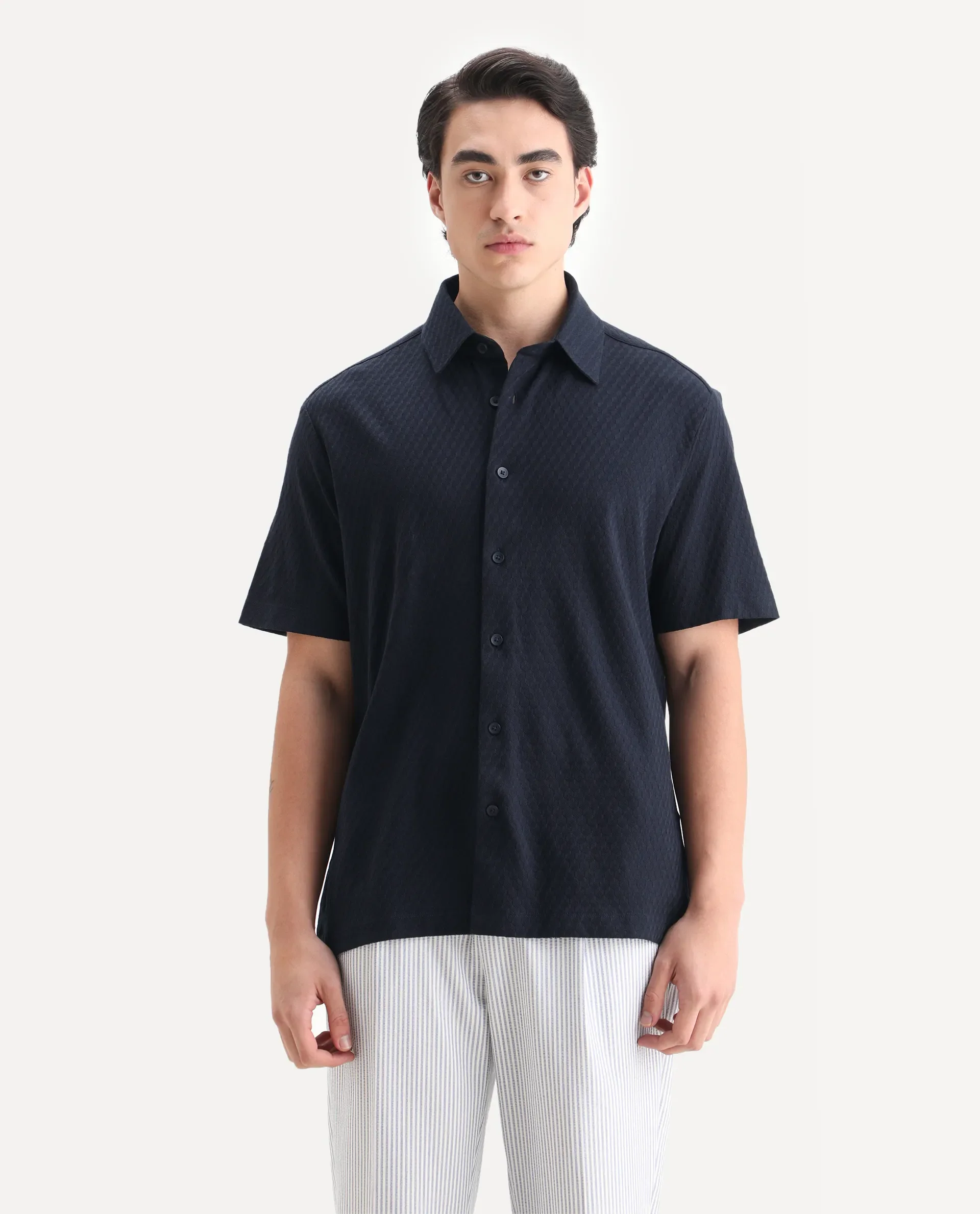 Rare Rabbit Men's Borp Dark Navy Cotton Plain Relaxed Fit Half Sleeve Collared Shirt - Image 4
