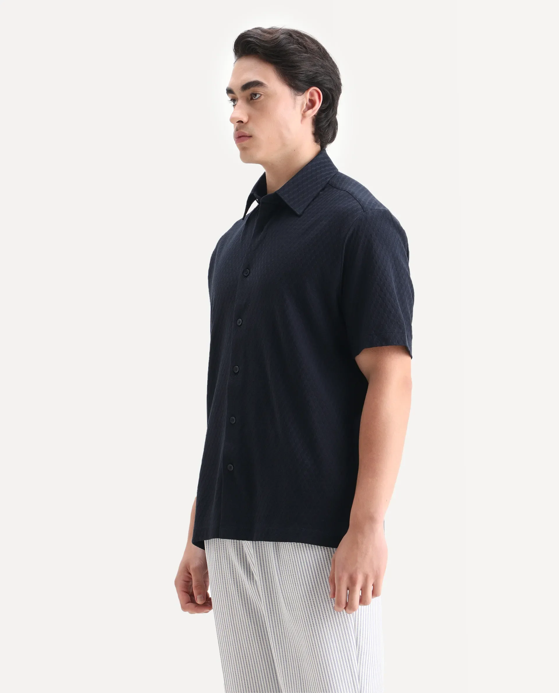 Rare Rabbit Men's Borp Dark Navy Cotton Plain Relaxed Fit Half Sleeve Collared Shirt - Image 5