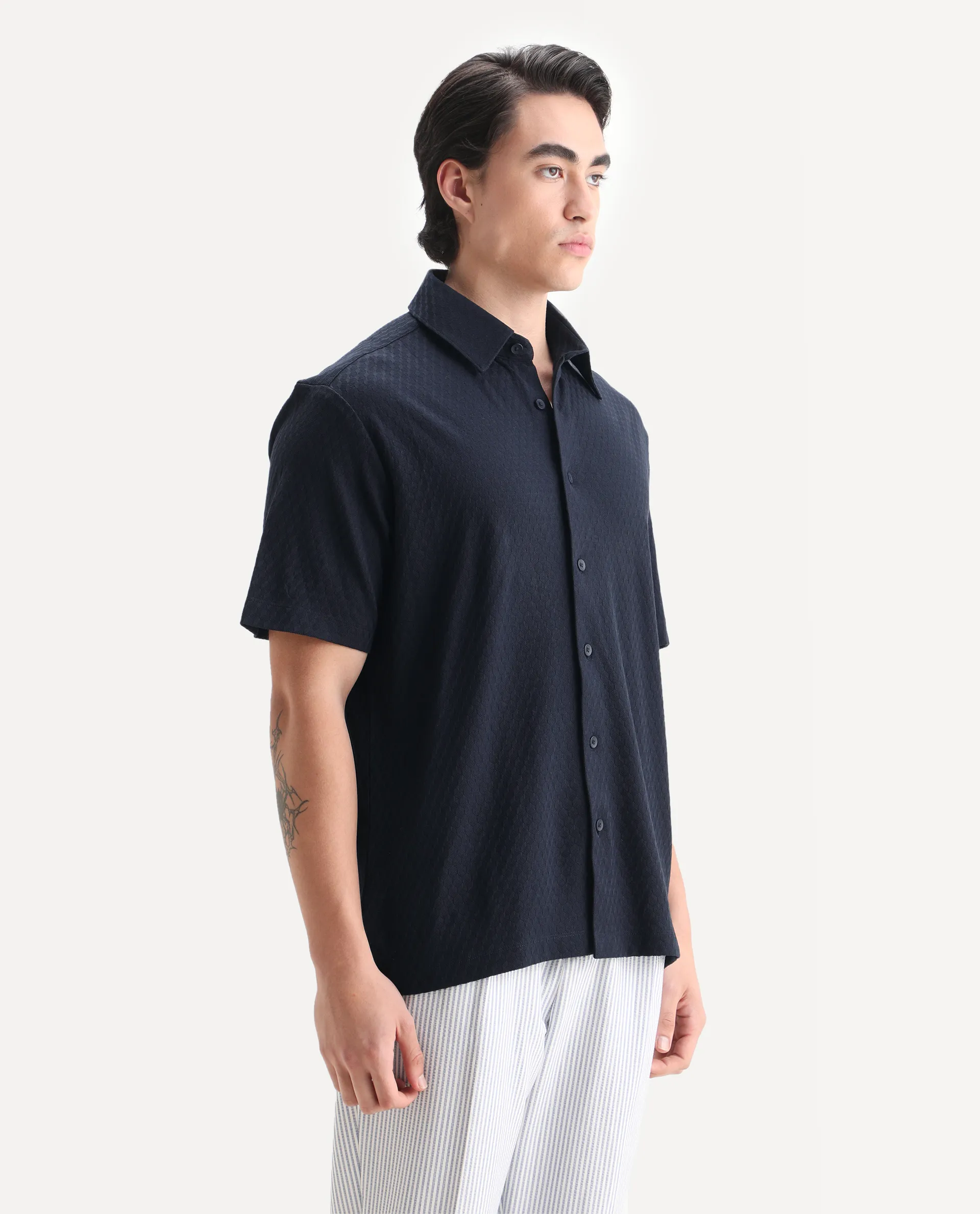 Rare Rabbit Men's Borp Dark Navy Cotton Plain Relaxed Fit Half Sleeve Collared Shirt - Image 6