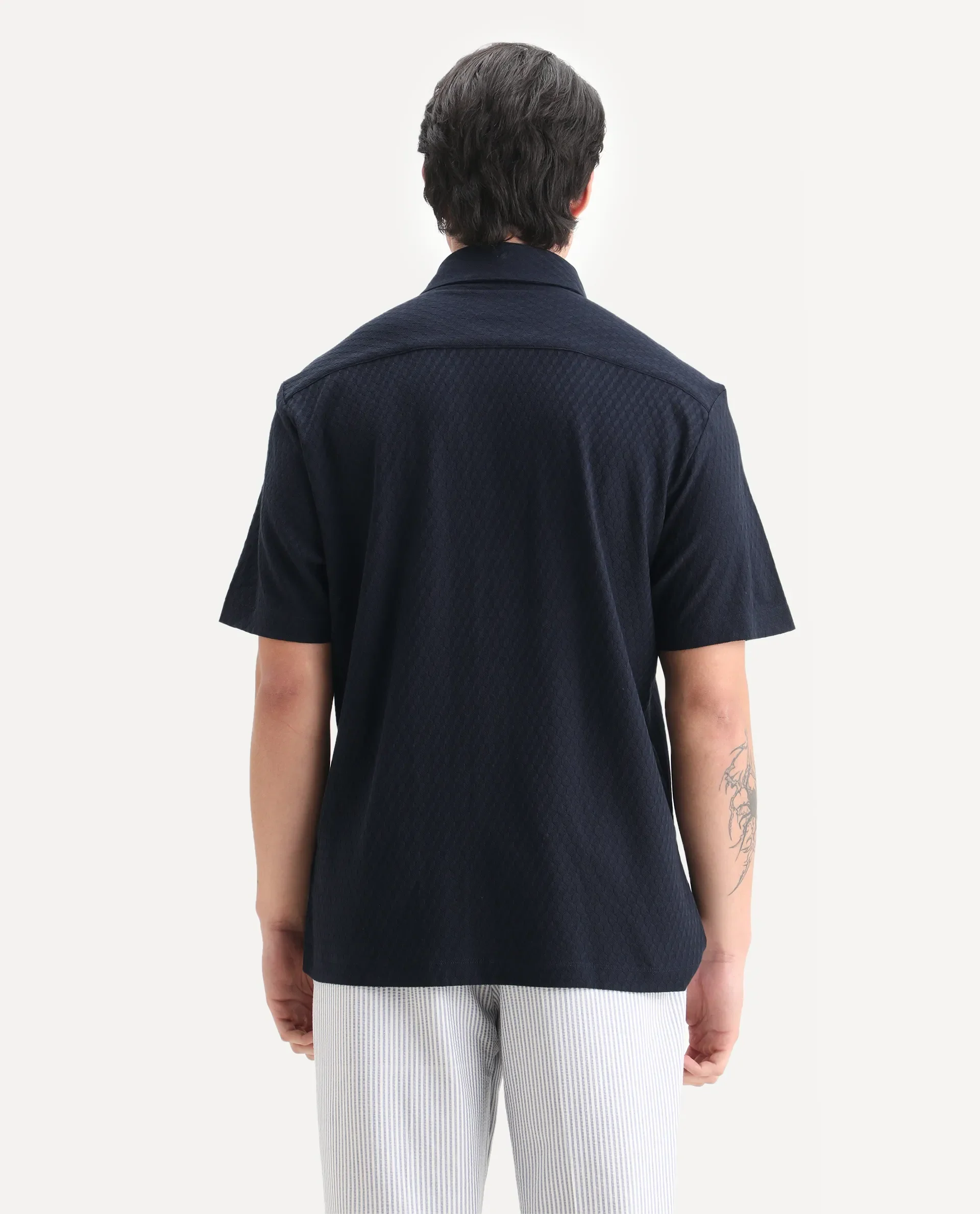 Rare Rabbit Men's Borp Dark Navy Cotton Plain Relaxed Fit Half Sleeve Collared Shirt - Image 7