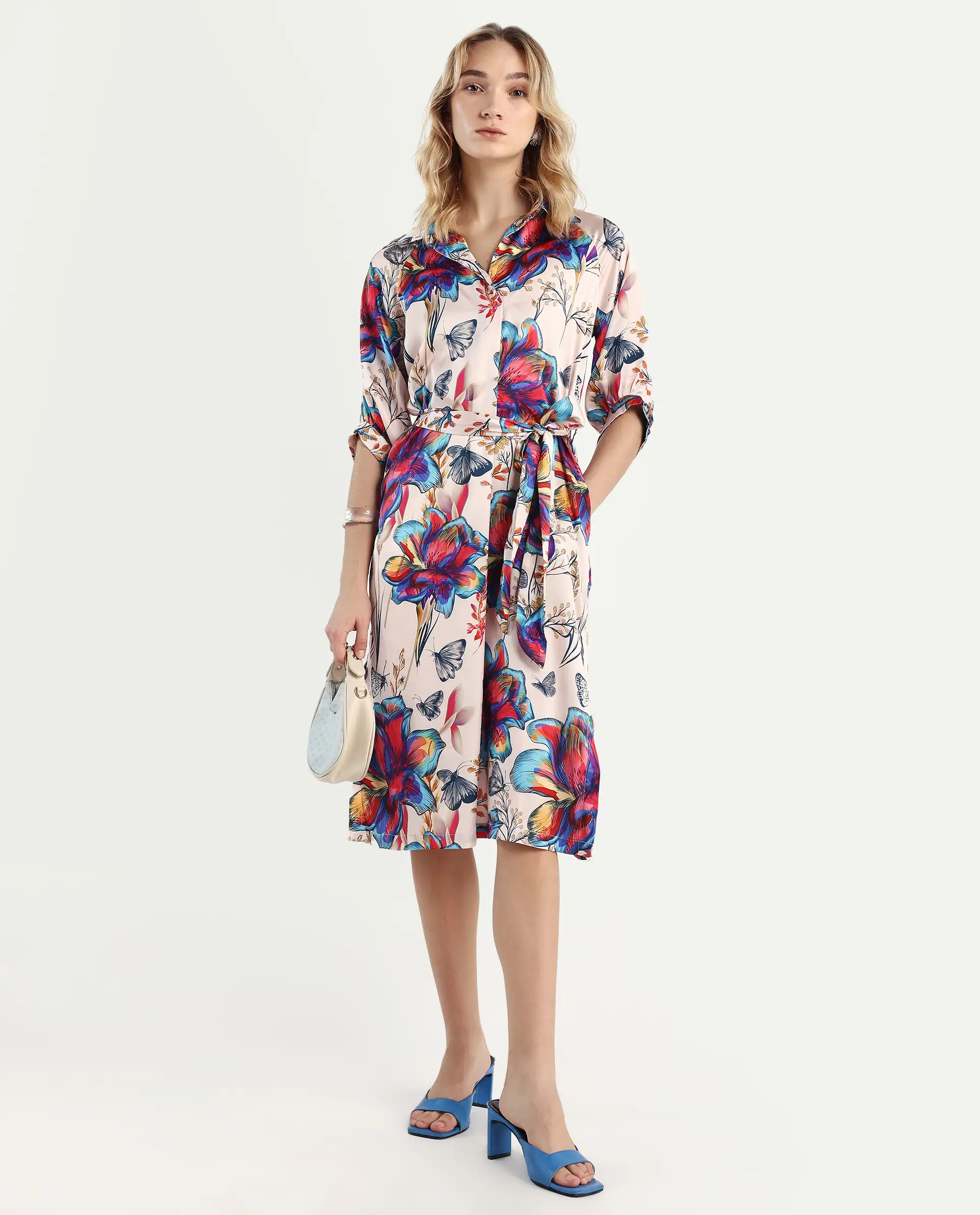 Rareism Women's Borriso Multi Raglan Cotton Blend Drop Collar Floral Print Raglan Sleeve Midi A-Line Dress