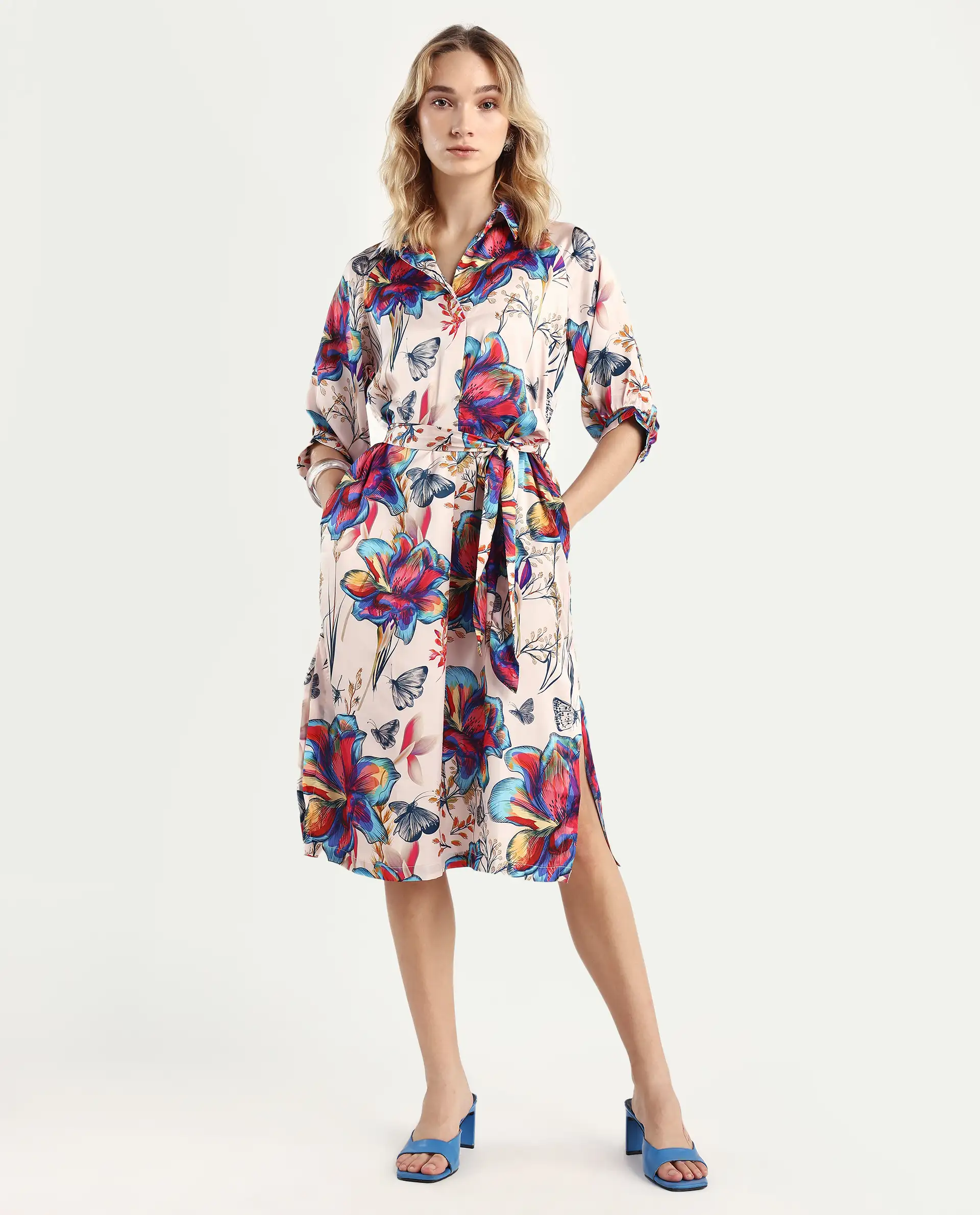 Rareism Women's Borriso Multi Raglan Cotton Blend Drop Collar Floral Print Raglan Sleeve Midi A-Line Dress - Image 3