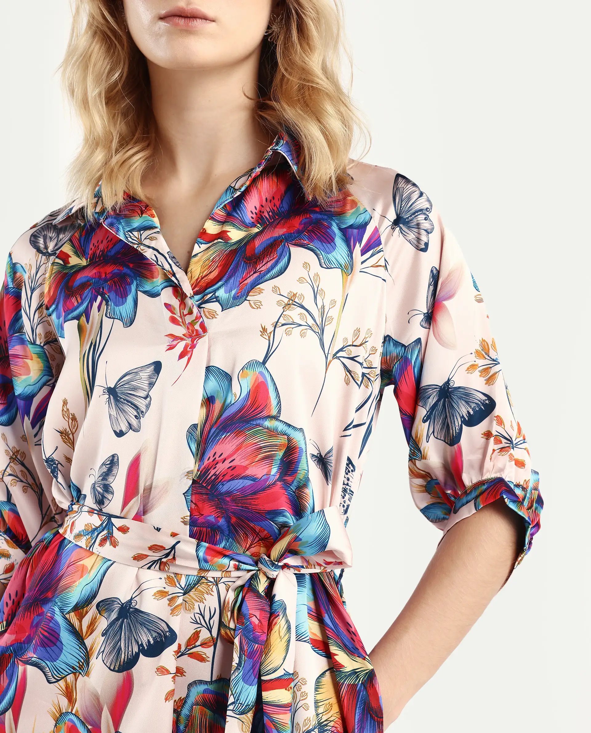 Rareism Women's Borriso Multi Raglan Cotton Blend Drop Collar Floral Print Raglan Sleeve Midi A-Line Dress - Image 4