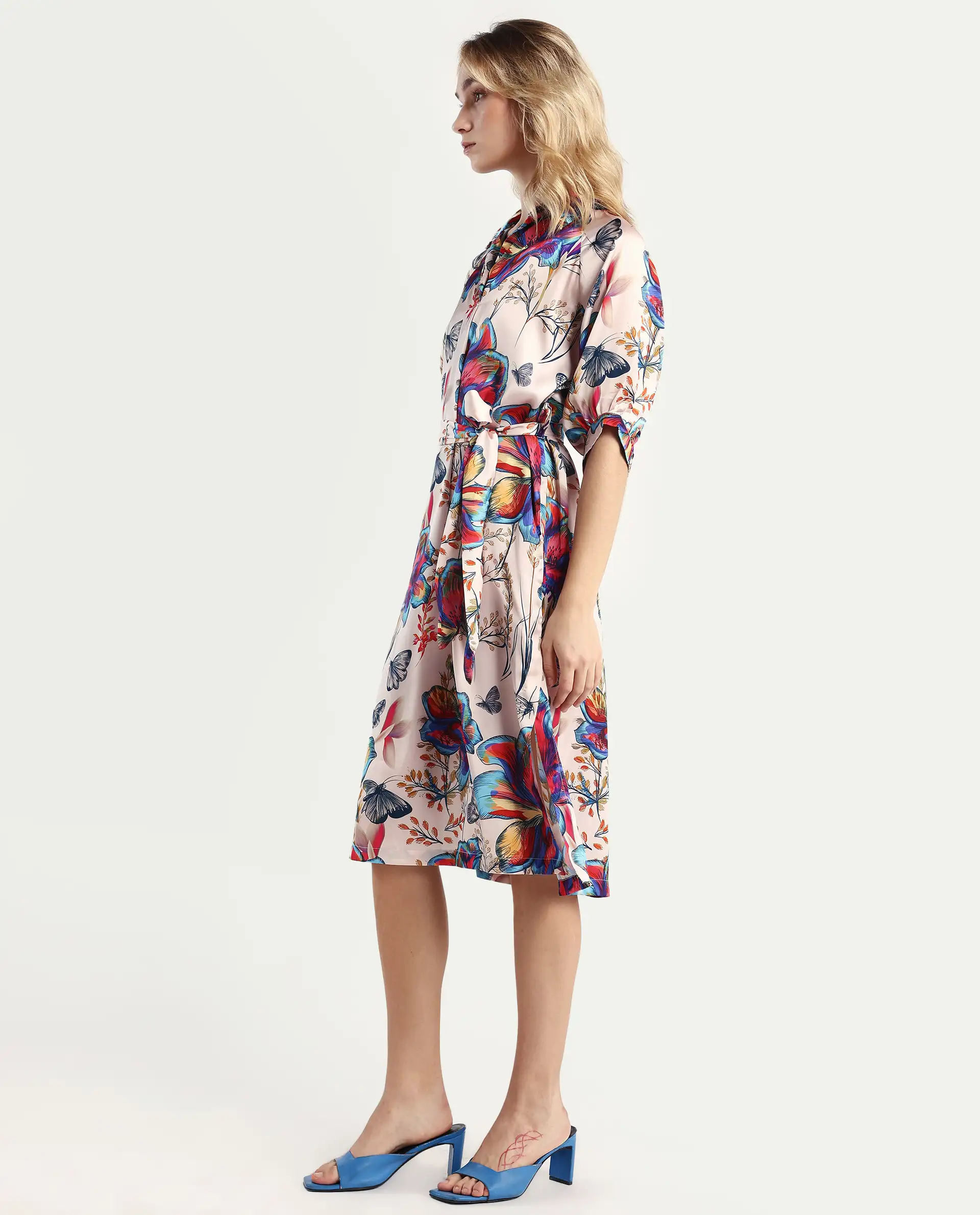 Rareism Women's Borriso Multi Raglan Cotton Blend Drop Collar Floral Print Raglan Sleeve Midi A-Line Dress - Image 5