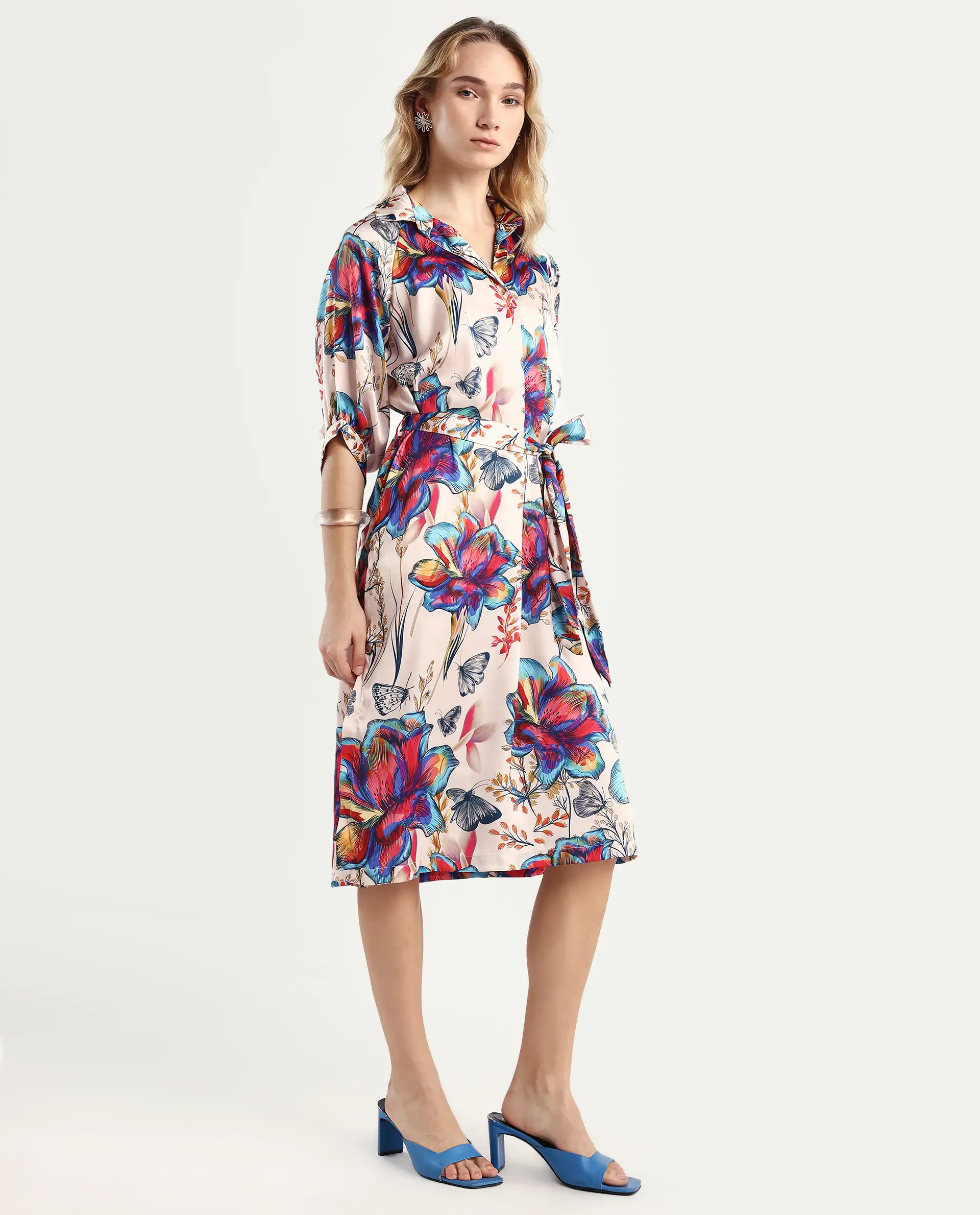 Rareism Women's Borriso Multi Raglan Cotton Blend Drop Collar Floral Print Raglan Sleeve Midi A-Line Dress - Image 6