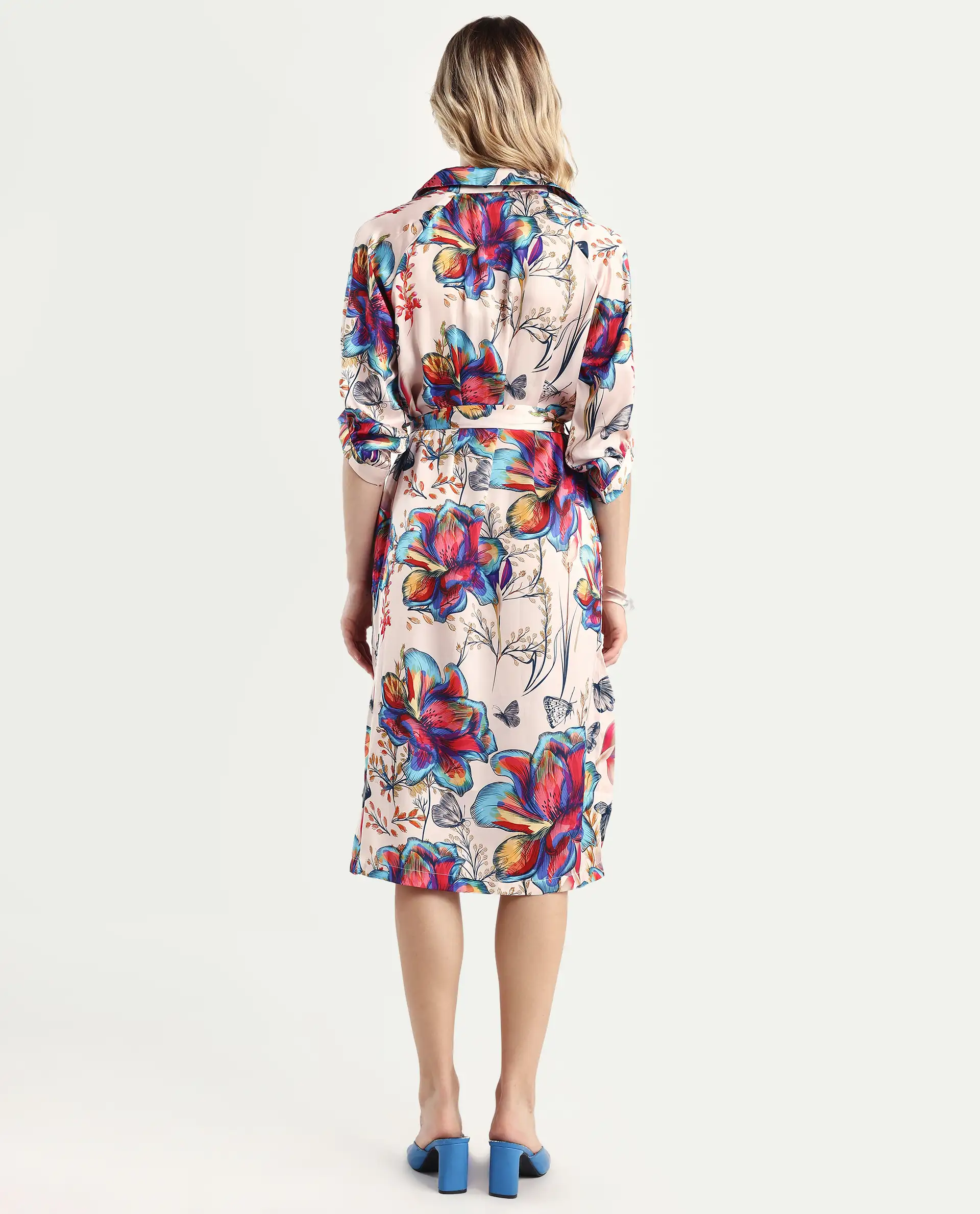 Rareism Women's Borriso Multi Raglan Cotton Blend Drop Collar Floral Print Raglan Sleeve Midi A-Line Dress - Image 7