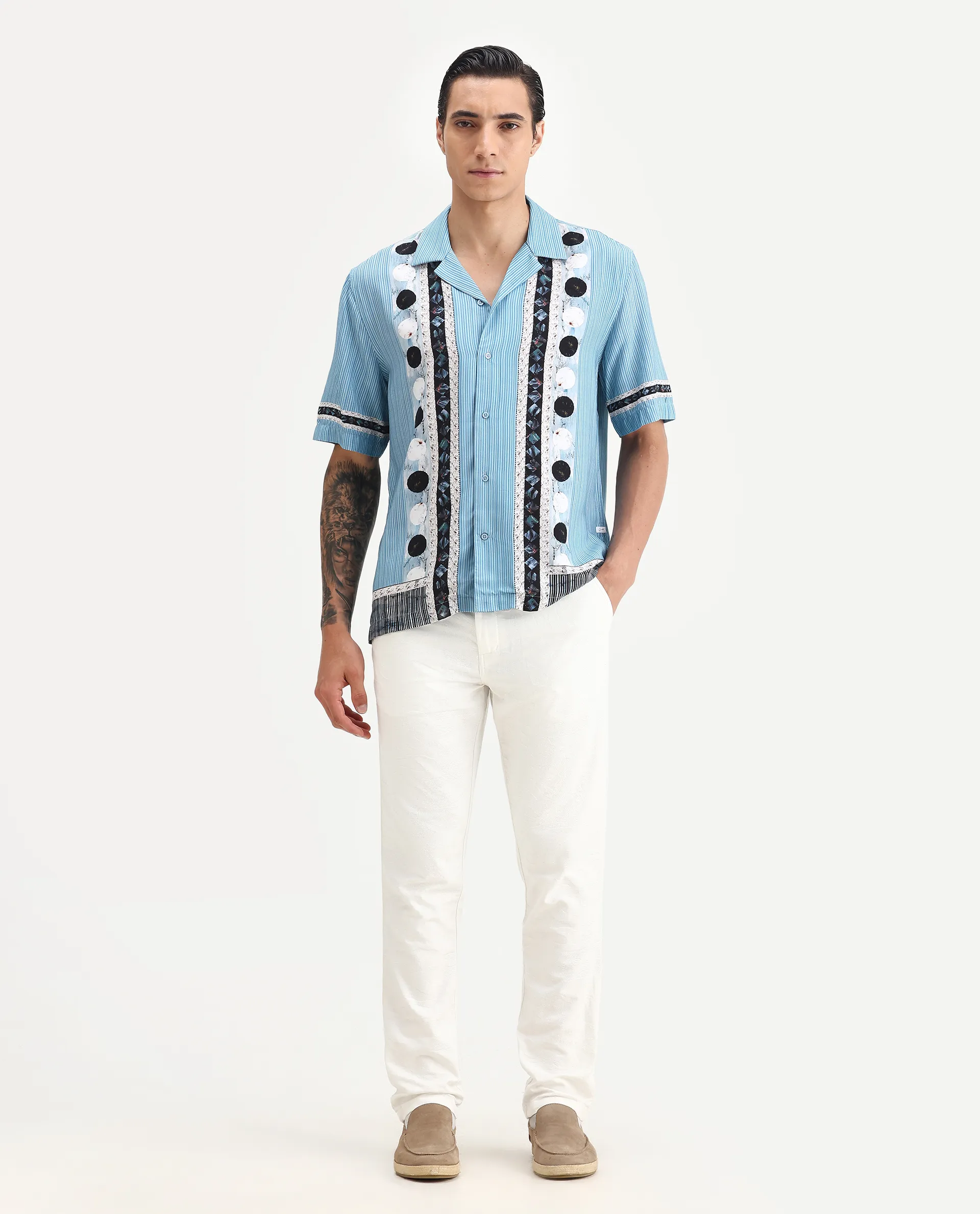Rare Rabbit Men's Bortan Light Blue Viscose Abstract Print Boxy Fit Half Sleeve Cuban Collar Shirt - Image 2