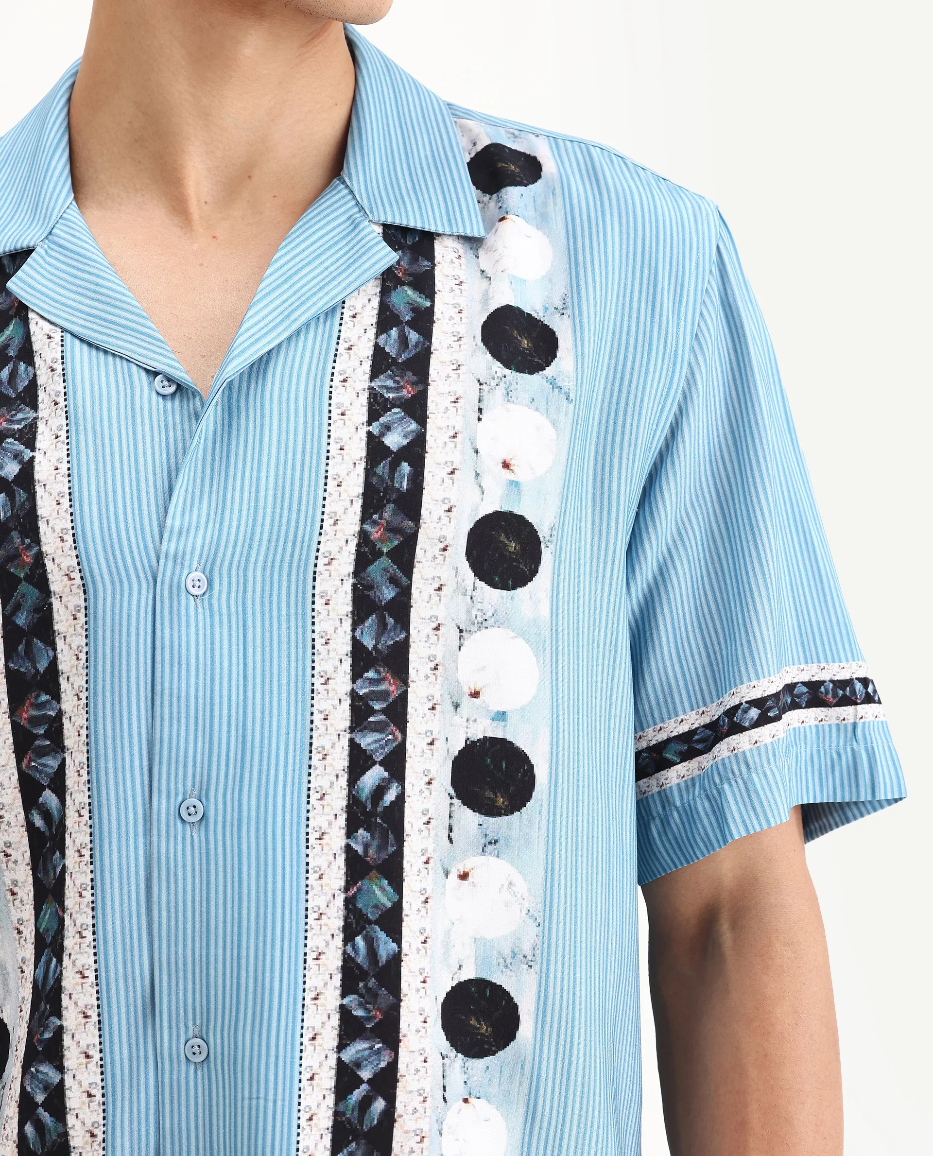 Rare Rabbit Men's Bortan Light Blue Viscose Abstract Print Boxy Fit Half Sleeve Cuban Collar Shirt - Image 3