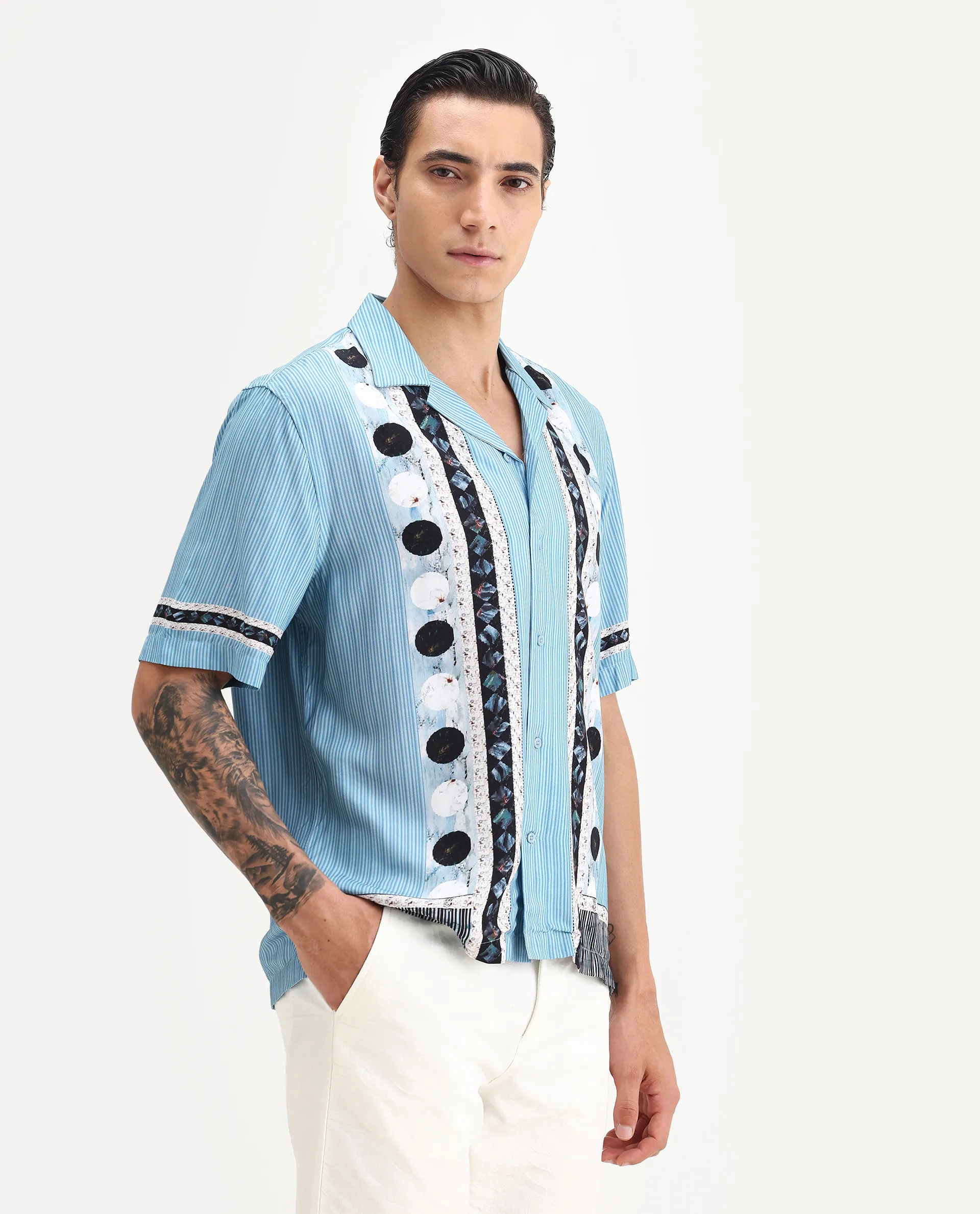 Rare Rabbit Men's Bortan Light Blue Viscose Abstract Print Boxy Fit Half Sleeve Cuban Collar Shirt - Image 4
