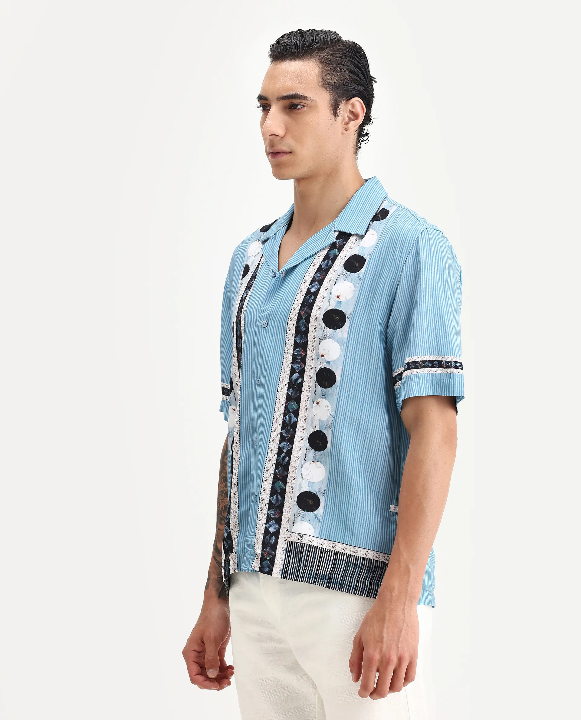 Rare Rabbit Men's Bortan Light Blue Viscose Abstract Print Boxy Fit Half Sleeve Cuban Collar Shirt - Image 5
