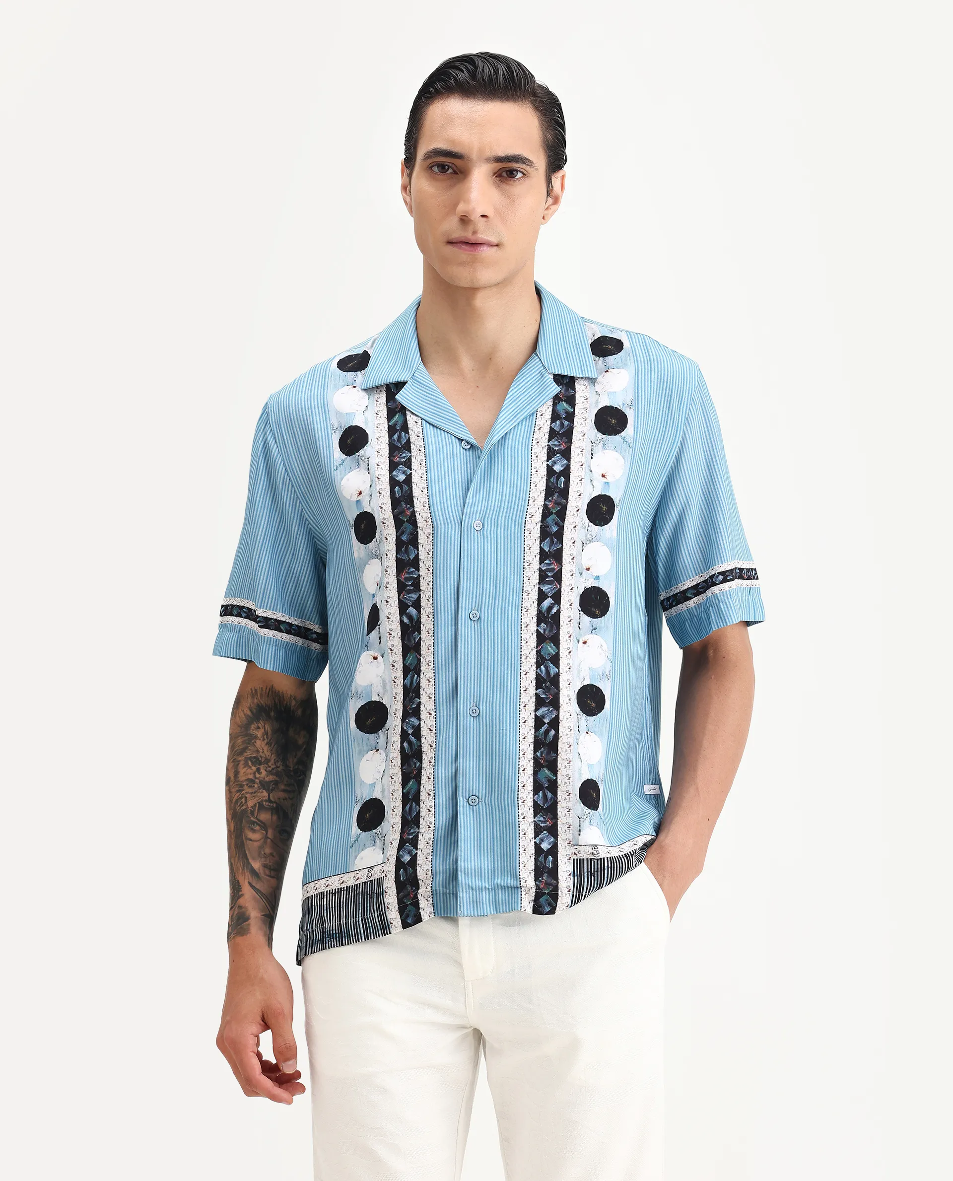 Rare Rabbit Men's Bortan Light Blue Viscose Abstract Print Boxy Fit Half Sleeve Cuban Collar Shirt - Image 6
