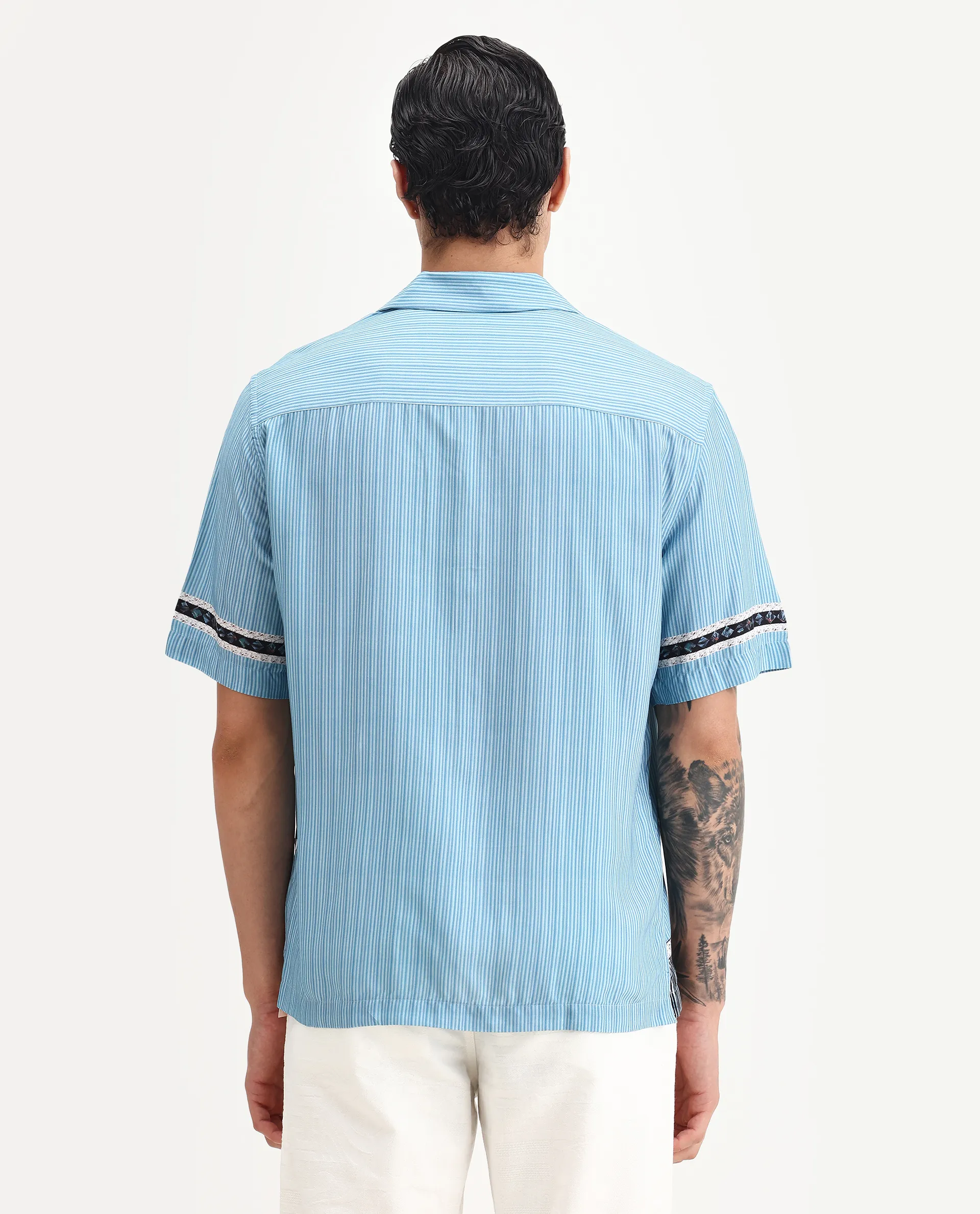 Rare Rabbit Men's Bortan Light Blue Viscose Abstract Print Boxy Fit Half Sleeve Cuban Collar Shirt - Image 7
