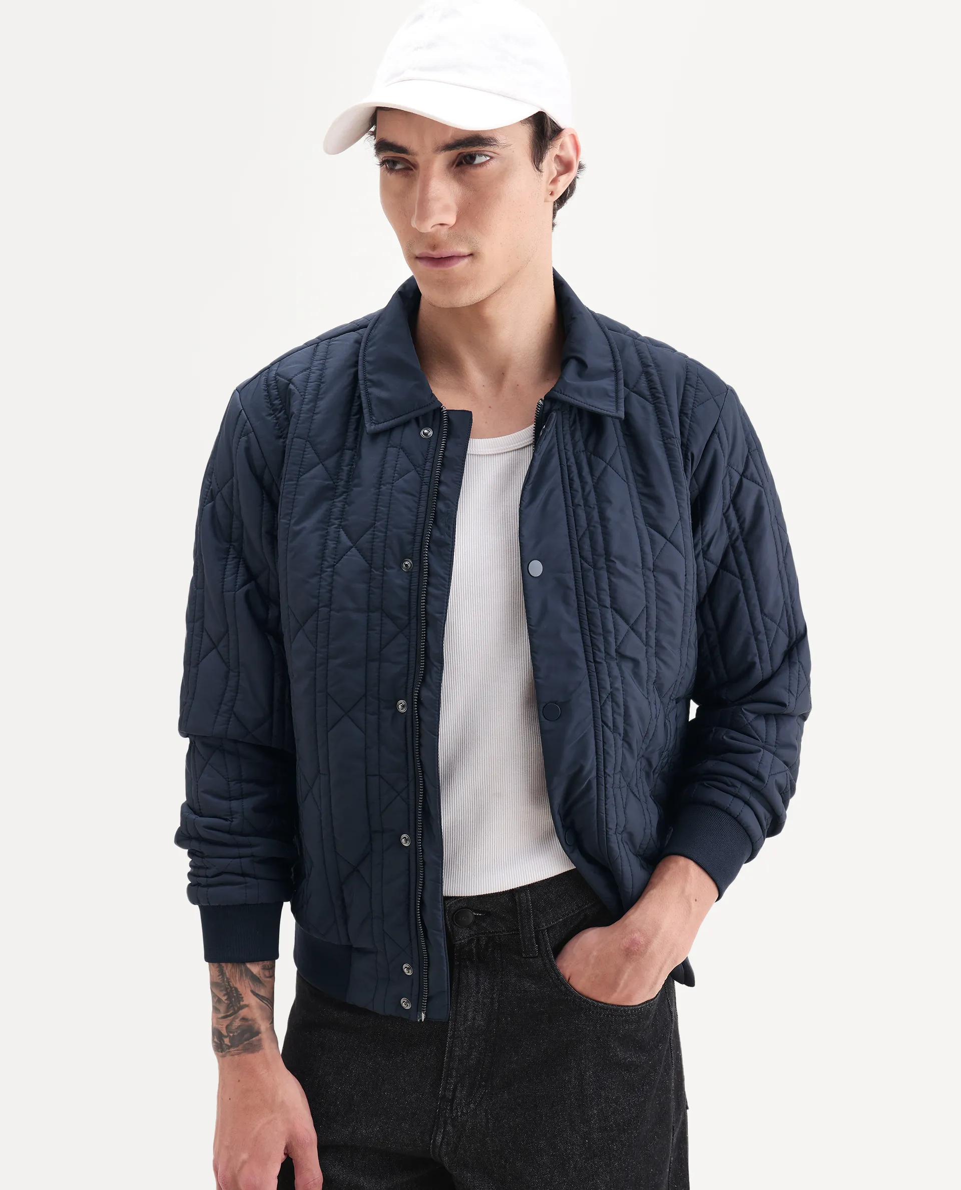 Rare Rabbit Men's Boscod Dark Navy Polyester Fabric Collared Neck Relaxed Geometric Print Jacket