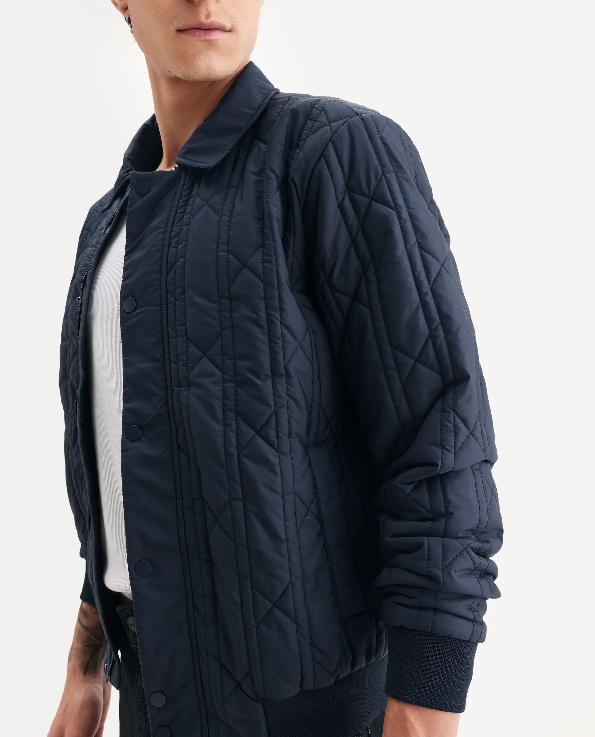 Rare Rabbit Men's Boscod Dark Navy Polyester Fabric Collared Neck Relaxed Geometric Print Jacket - Image 2