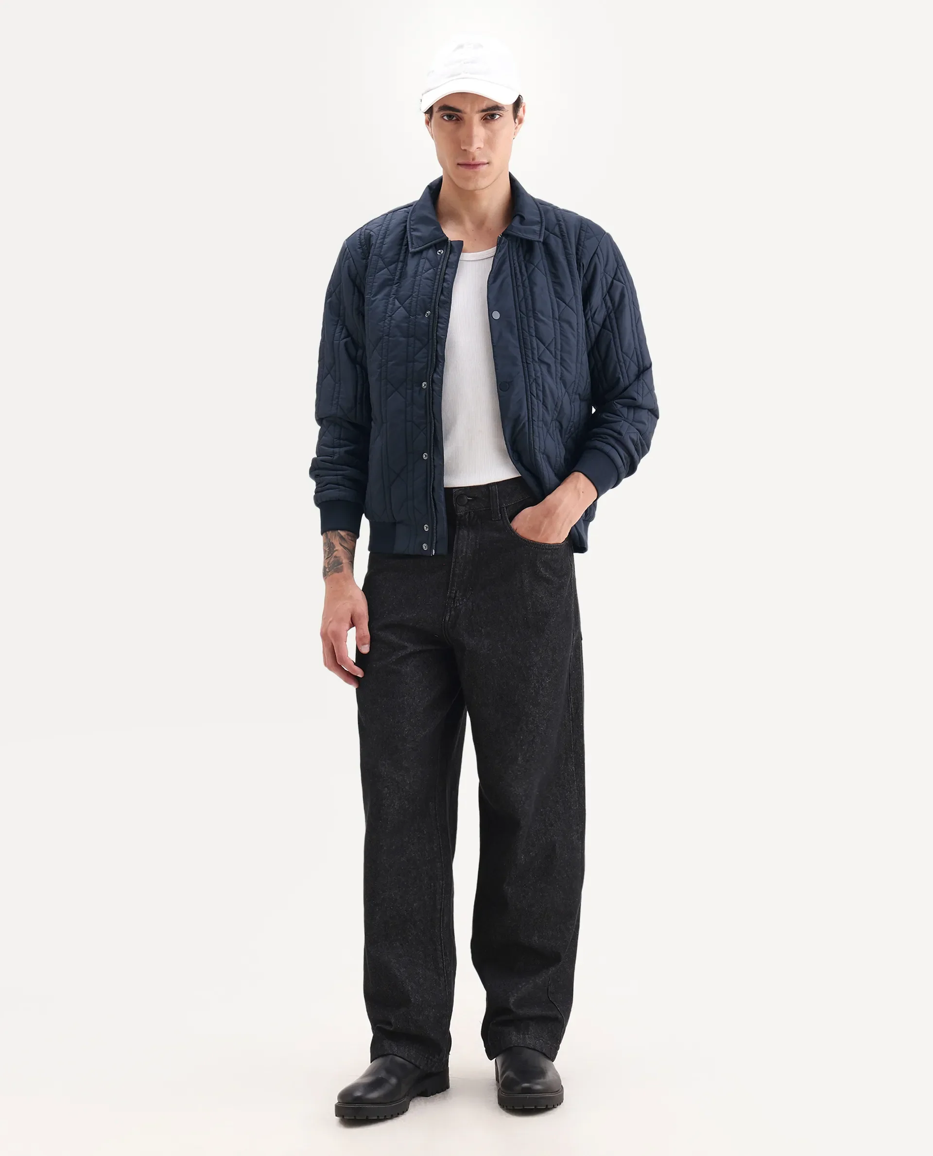 Rare Rabbit Men's Boscod Dark Navy Polyester Fabric Collared Neck Relaxed Geometric Print Jacket - Image 3