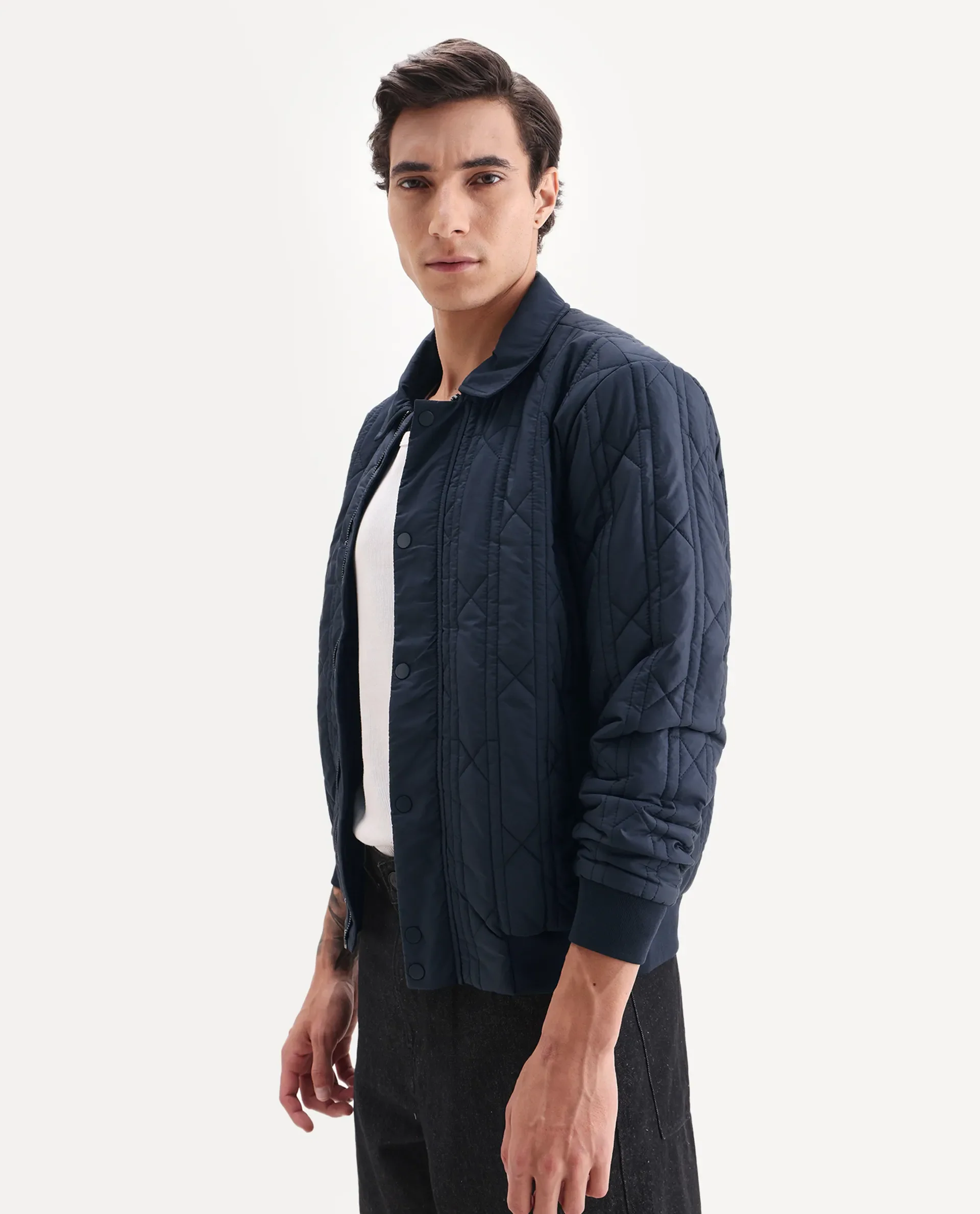 Rare Rabbit Men's Boscod Dark Navy Polyester Fabric Collared Neck Relaxed Geometric Print Jacket - Image 4