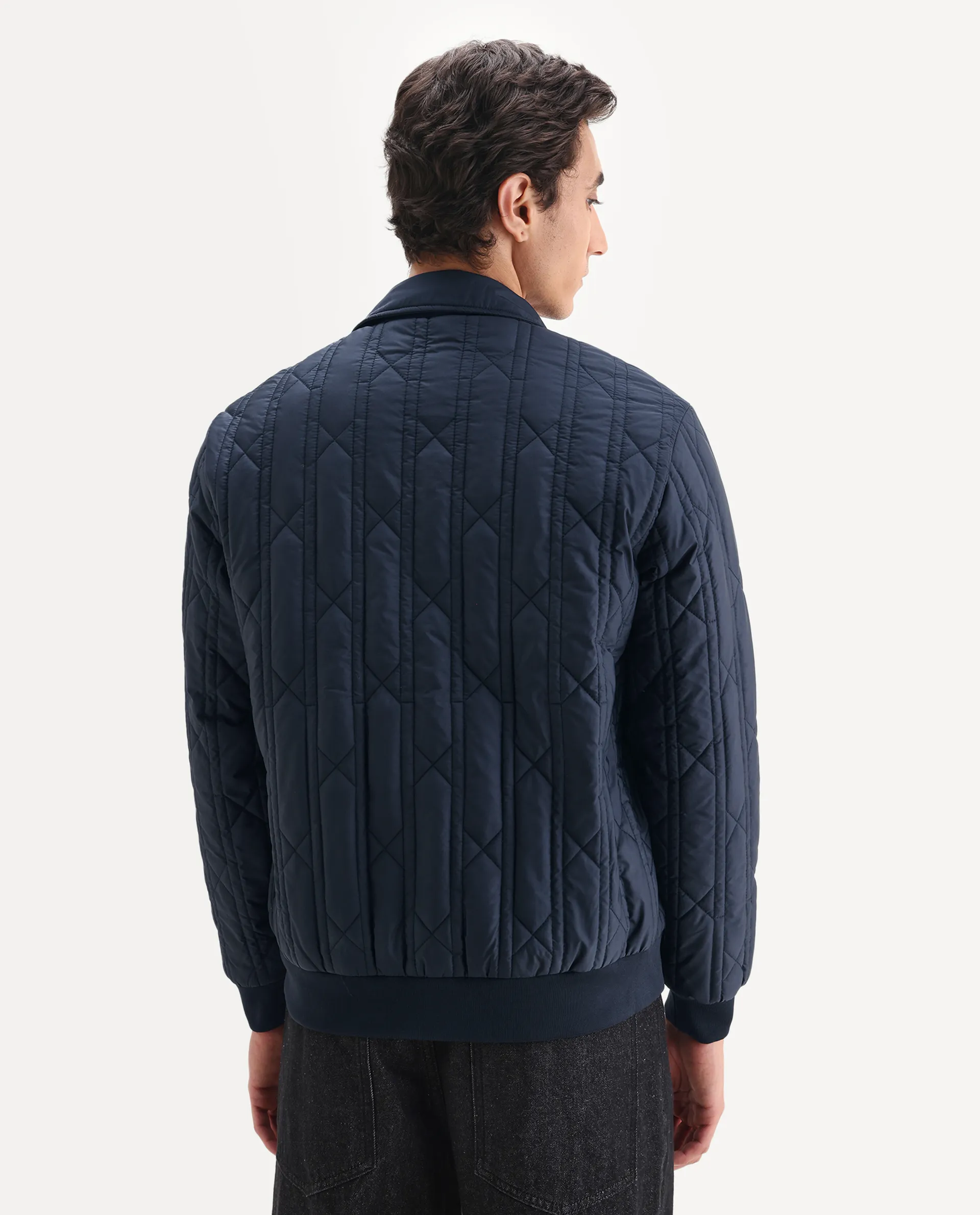 Rare Rabbit Men's Boscod Dark Navy Polyester Fabric Collared Neck Relaxed Geometric Print Jacket - Image 5