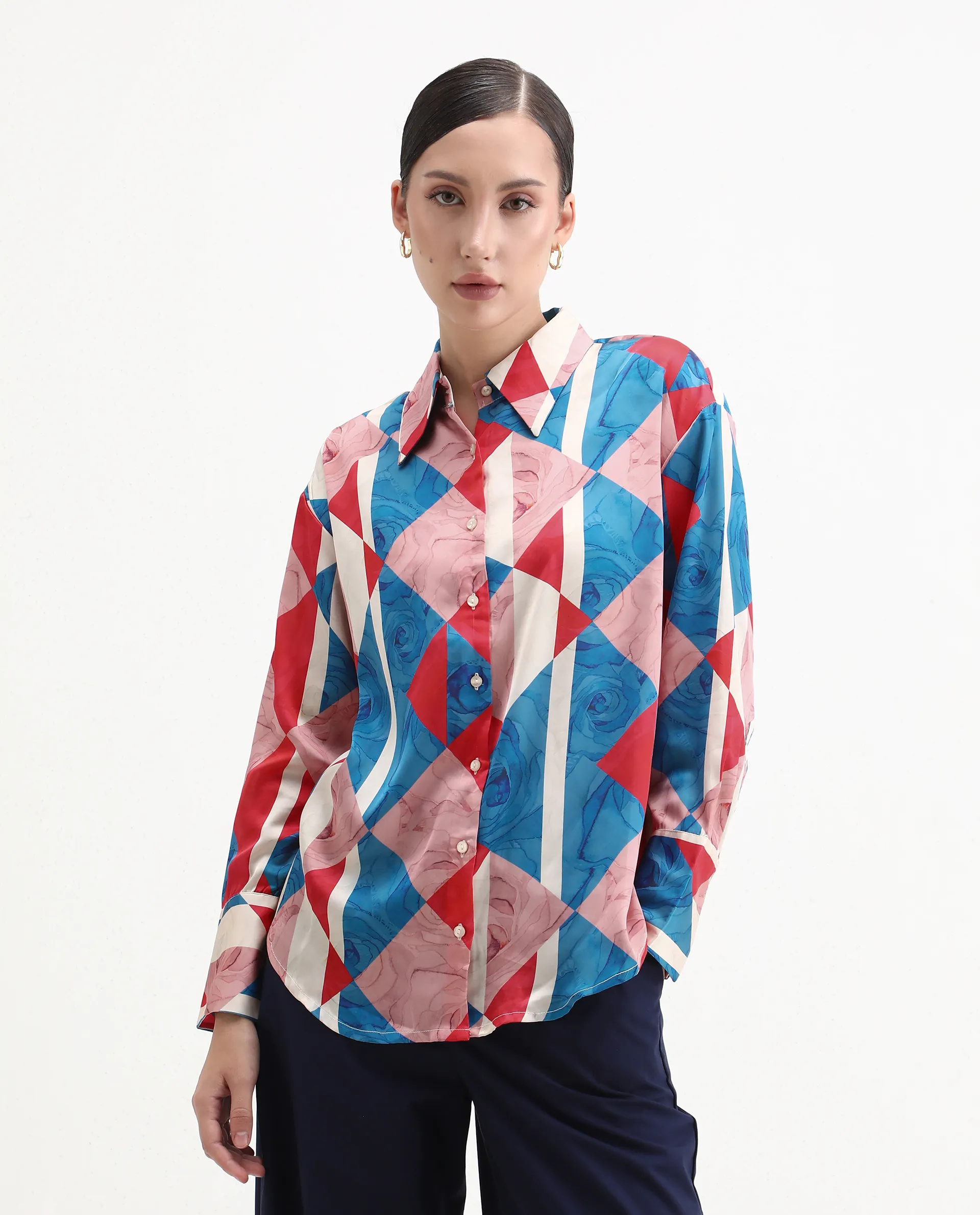 Rareism Women's Bosin Multi Cotton Drop Collar Geometric Print Cuffed Sleeve Regular Fit Top - Image 4