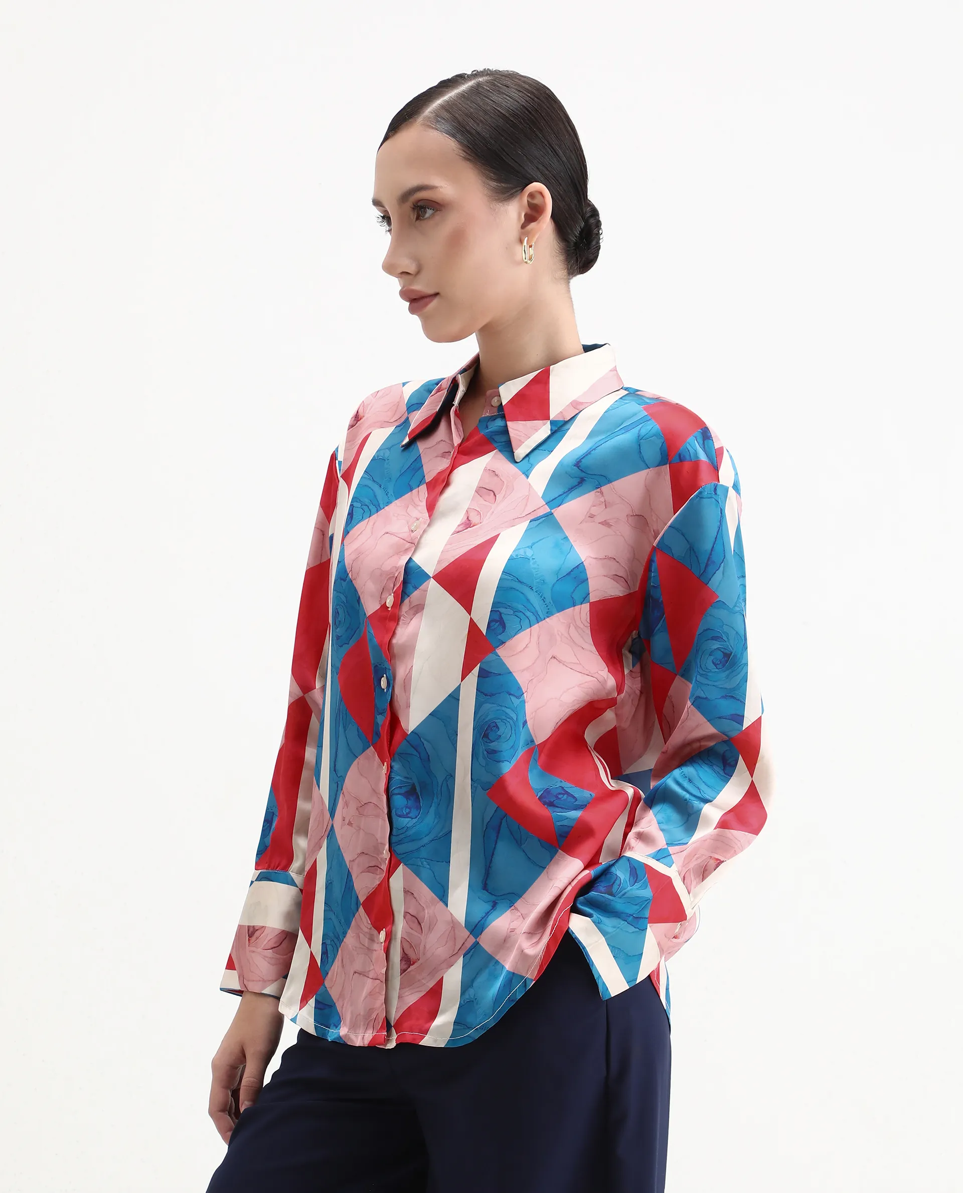 Rareism Women's Bosin Multi Cotton Drop Collar Geometric Print Cuffed Sleeve Regular Fit Top - Image 5