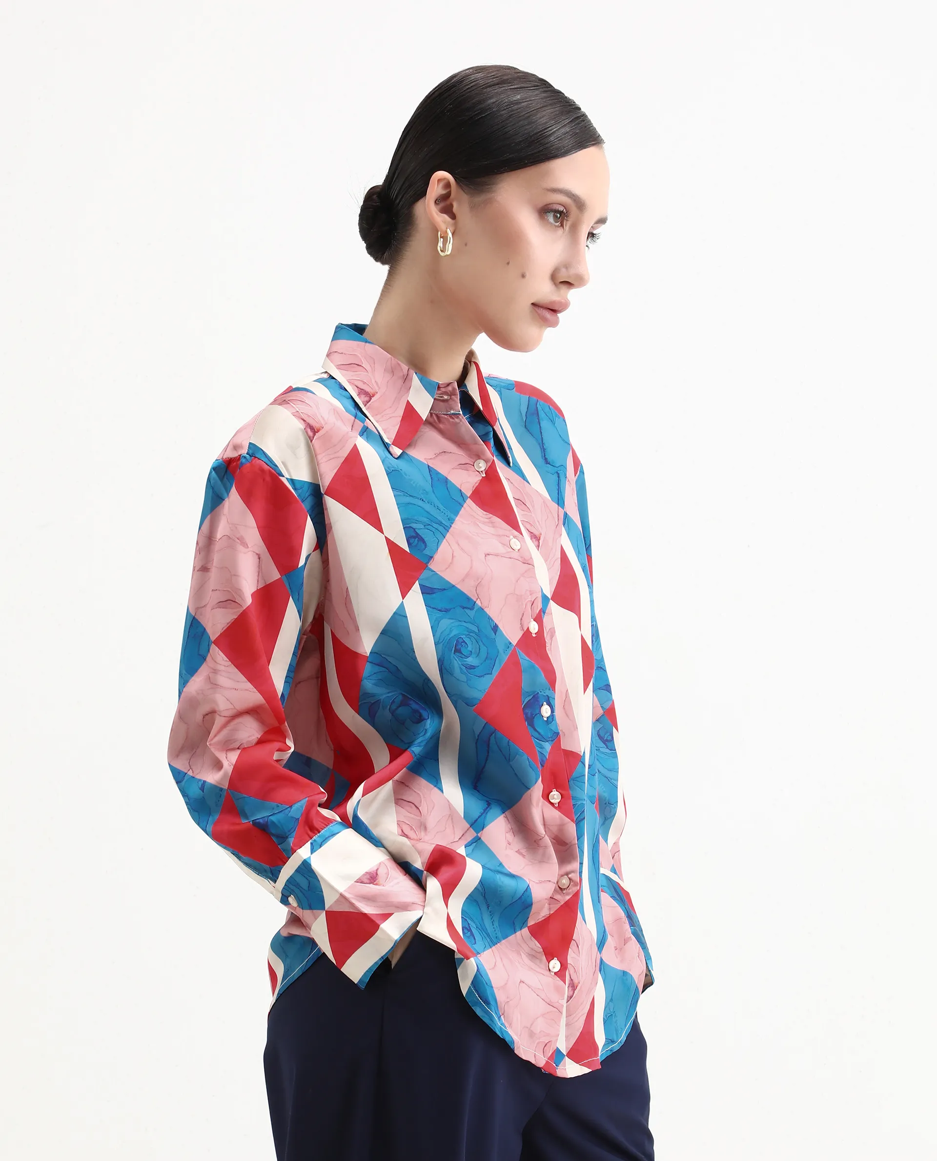 Rareism Women's Bosin Multi Cotton Drop Collar Geometric Print Cuffed Sleeve Regular Fit Top - Image 6