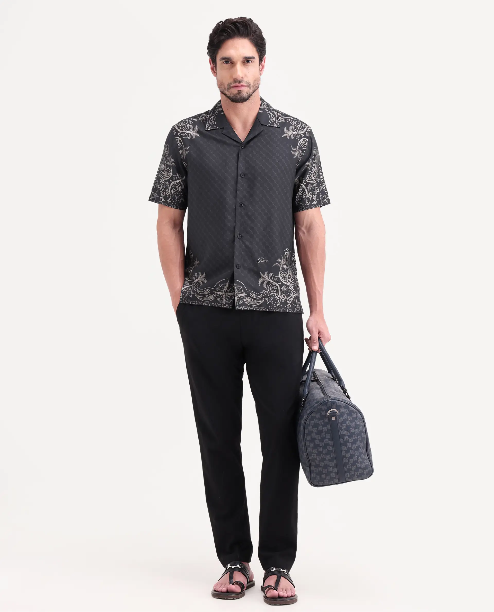 Rare Rabbit Men's Boso Black Cotton Blend Fabric Half Sleeve Cuban Collar Regular Fit Monogram Print Shirt - Image 2