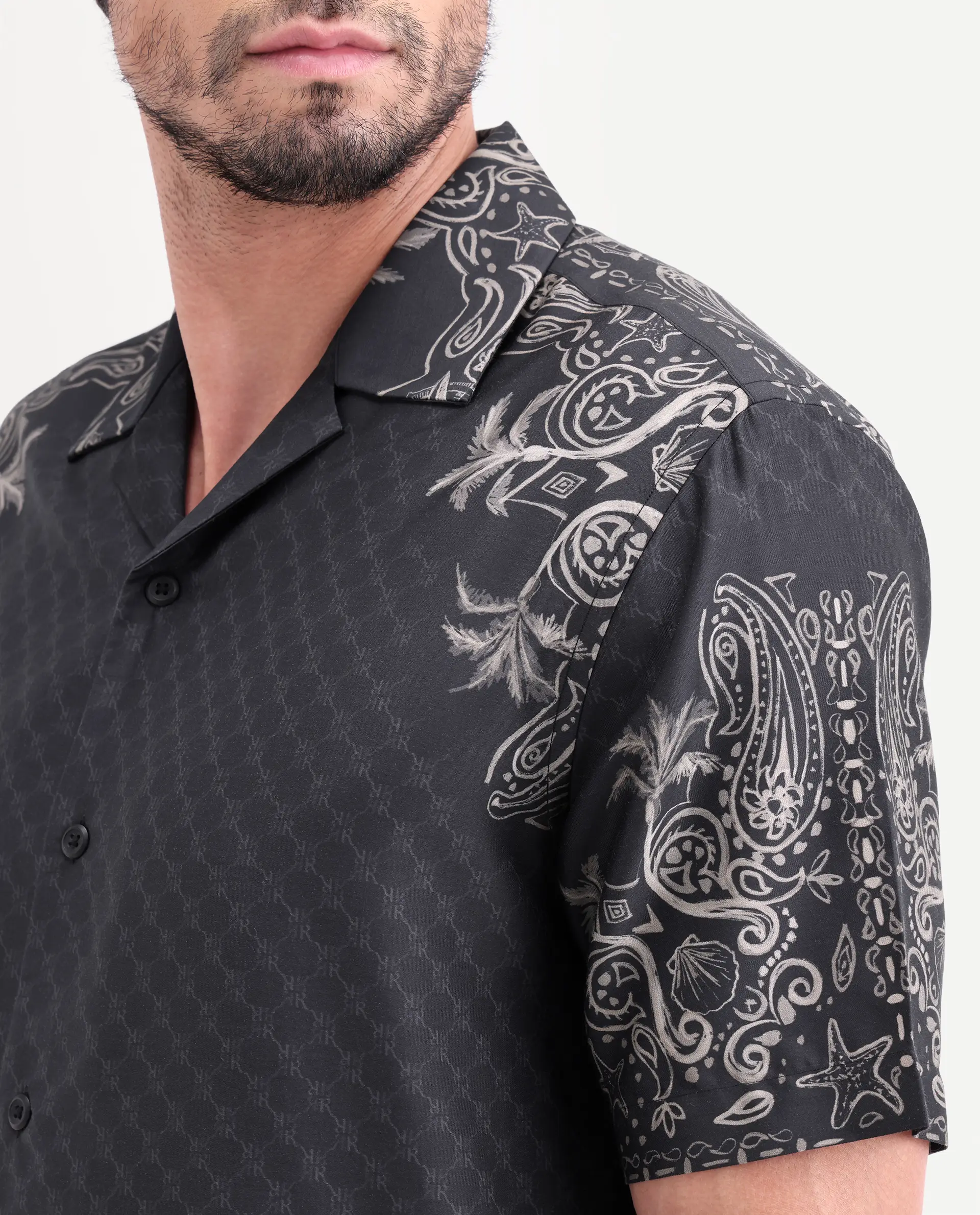 Rare Rabbit Men's Boso Black Cotton Blend Fabric Half Sleeve Cuban Collar Regular Fit Monogram Print Shirt - Image 3