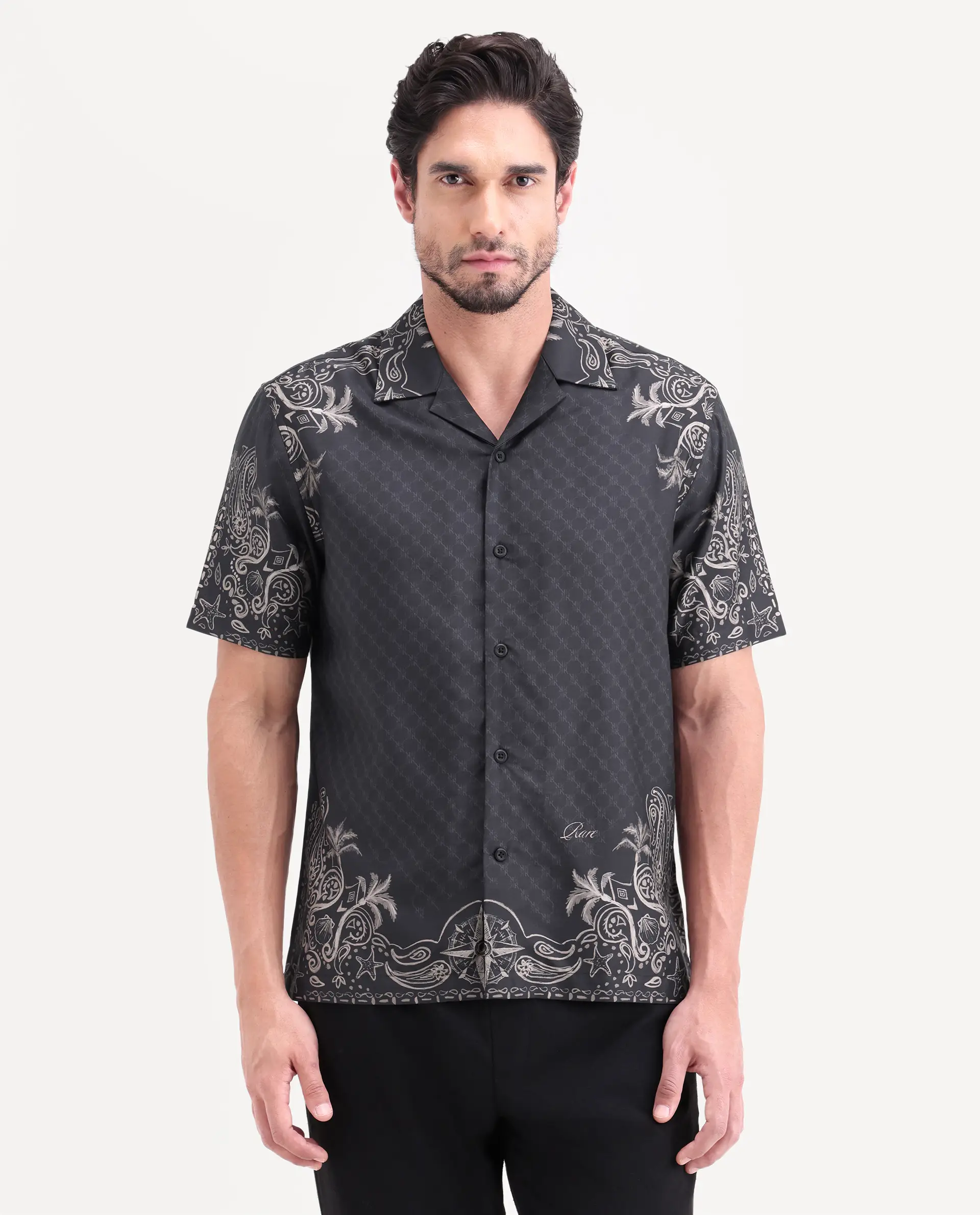 Rare Rabbit Men's Boso Black Cotton Blend Fabric Half Sleeve Cuban Collar Regular Fit Monogram Print Shirt - Image 4