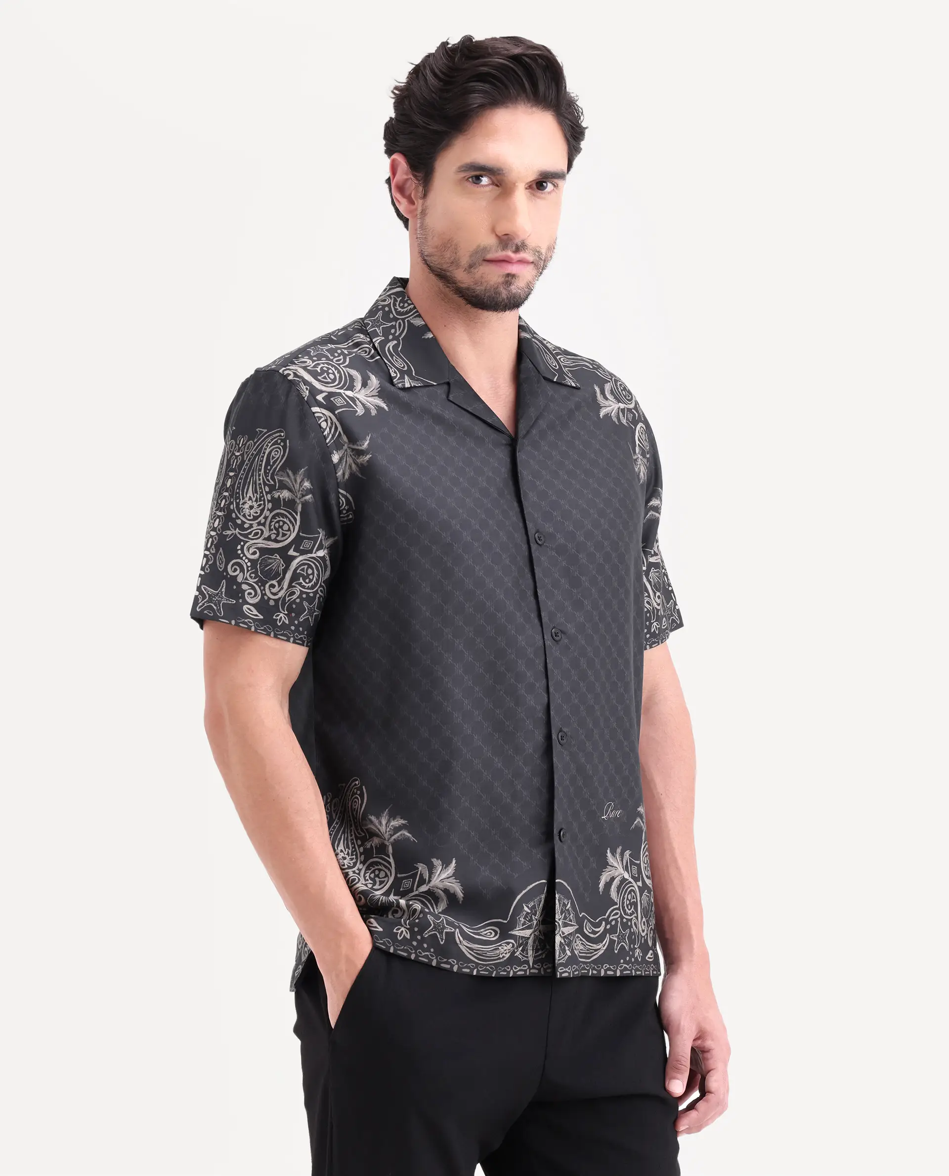 Rare Rabbit Men's Boso Black Cotton Blend Fabric Half Sleeve Cuban Collar Regular Fit Monogram Print Shirt - Image 5