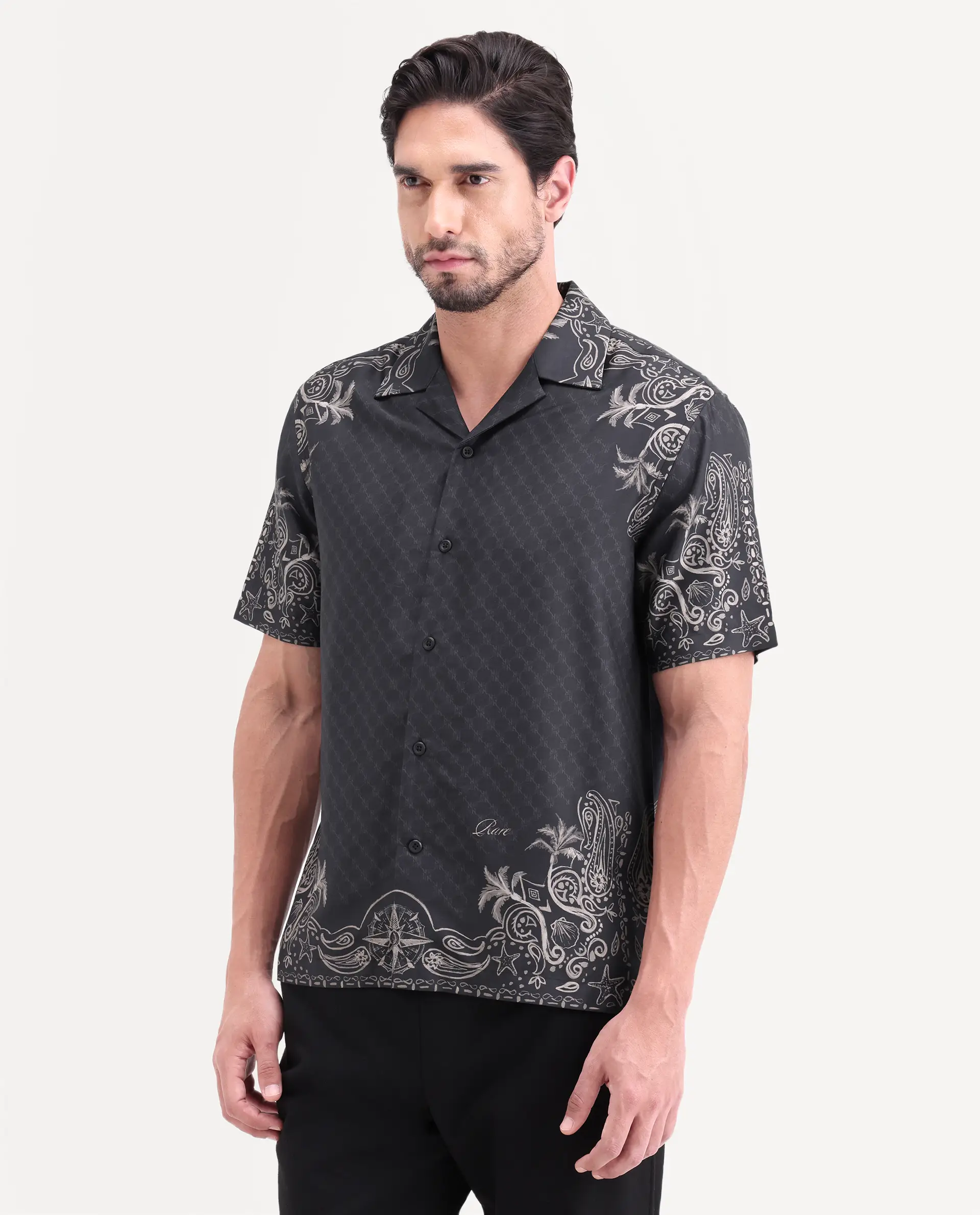 Rare Rabbit Men's Boso Black Cotton Blend Fabric Half Sleeve Cuban Collar Regular Fit Monogram Print Shirt - Image 6