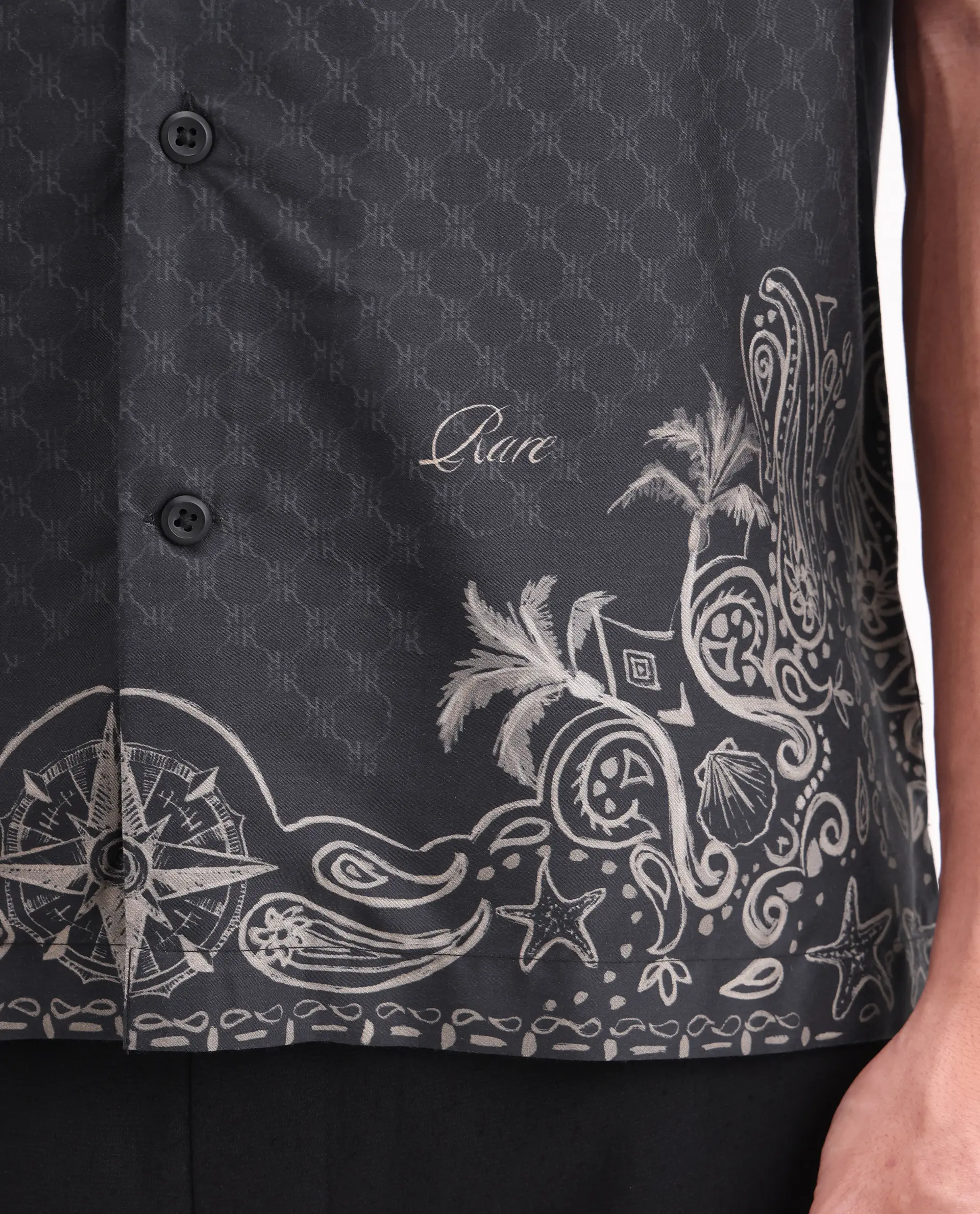 Rare Rabbit Men's Boso Black Cotton Blend Fabric Half Sleeve Cuban Collar Regular Fit Monogram Print Shirt - Image 7