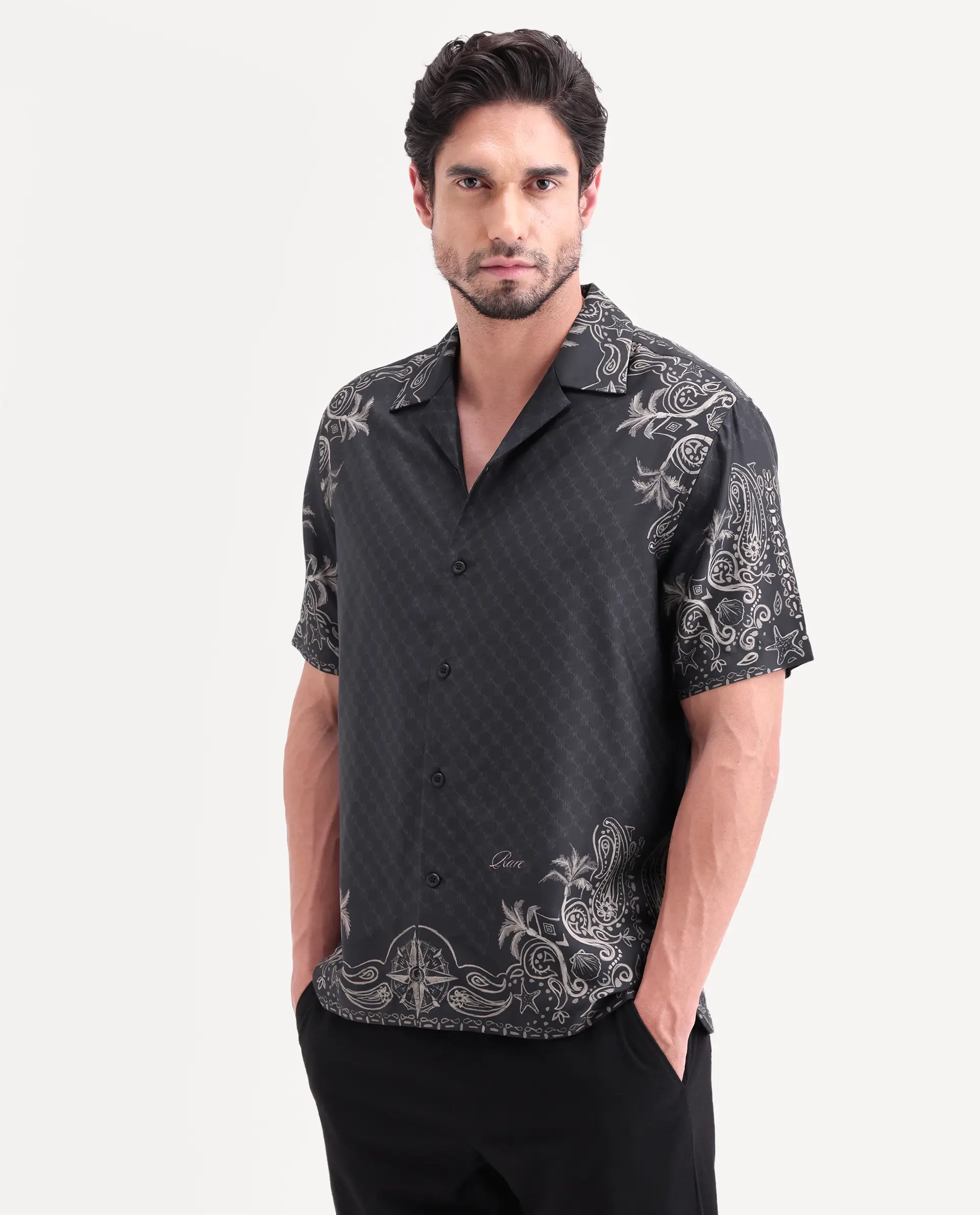 Rare Rabbit Men's Boso Black Cotton Blend Fabric Half Sleeve Cuban Collar Regular Fit Monogram Print Shirt - Image 8