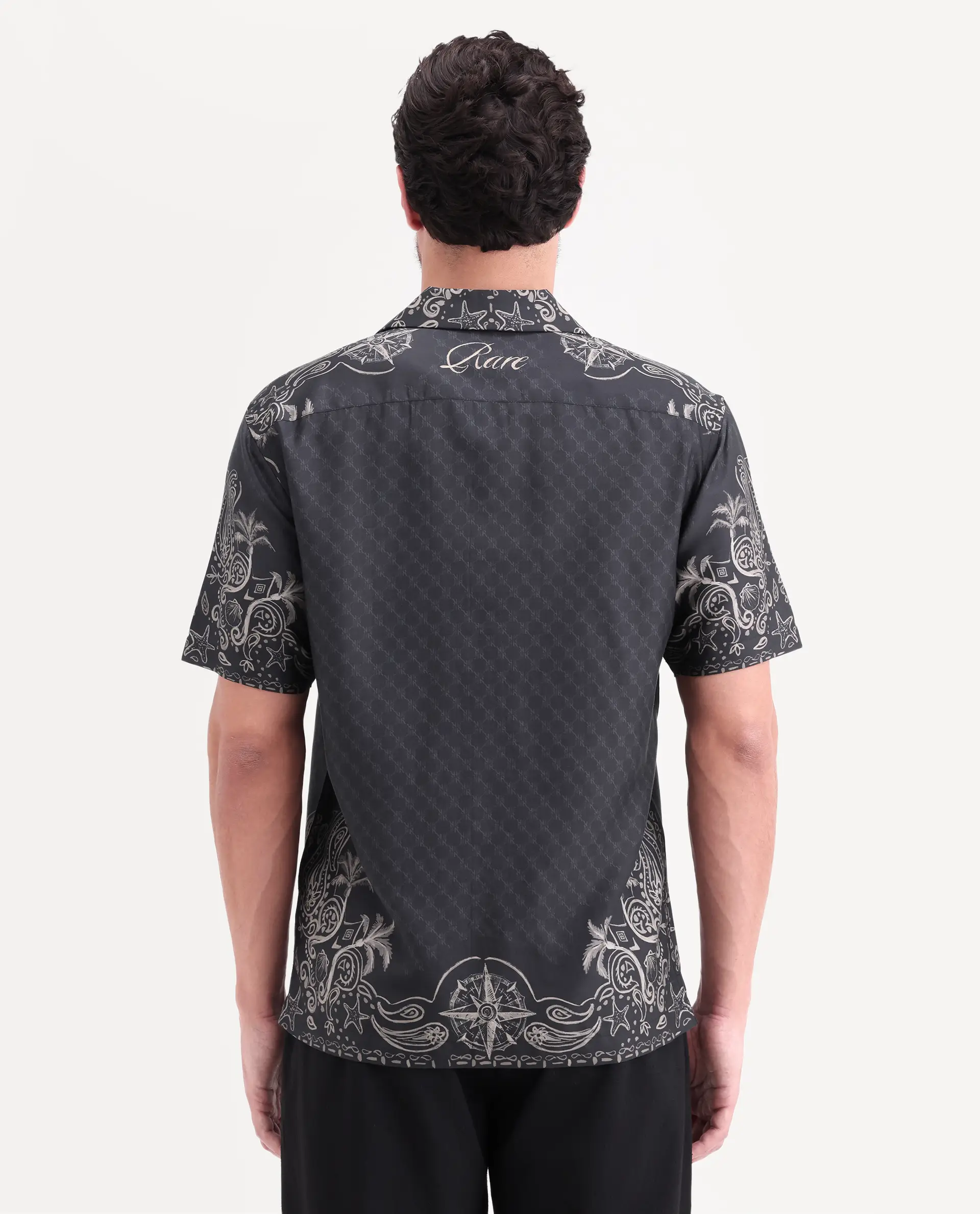 Rare Rabbit Men's Boso Black Cotton Blend Fabric Half Sleeve Cuban Collar Regular Fit Monogram Print Shirt - Image 9