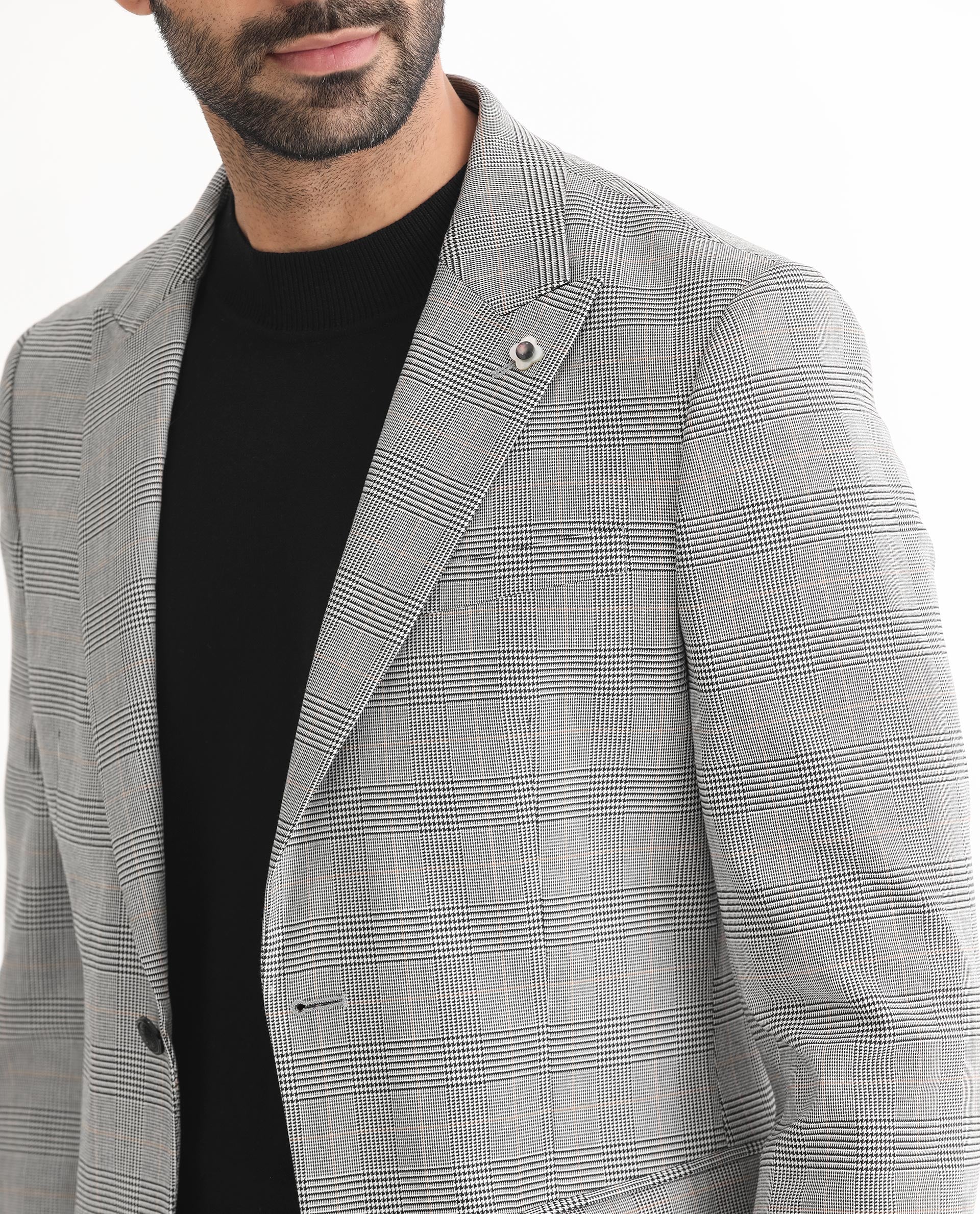 Rare Rabbit Men's Bostic Light Grey Polyester Checked Print Tailored Fit Full Sleeve Lapel Neck Blazer - Image 2