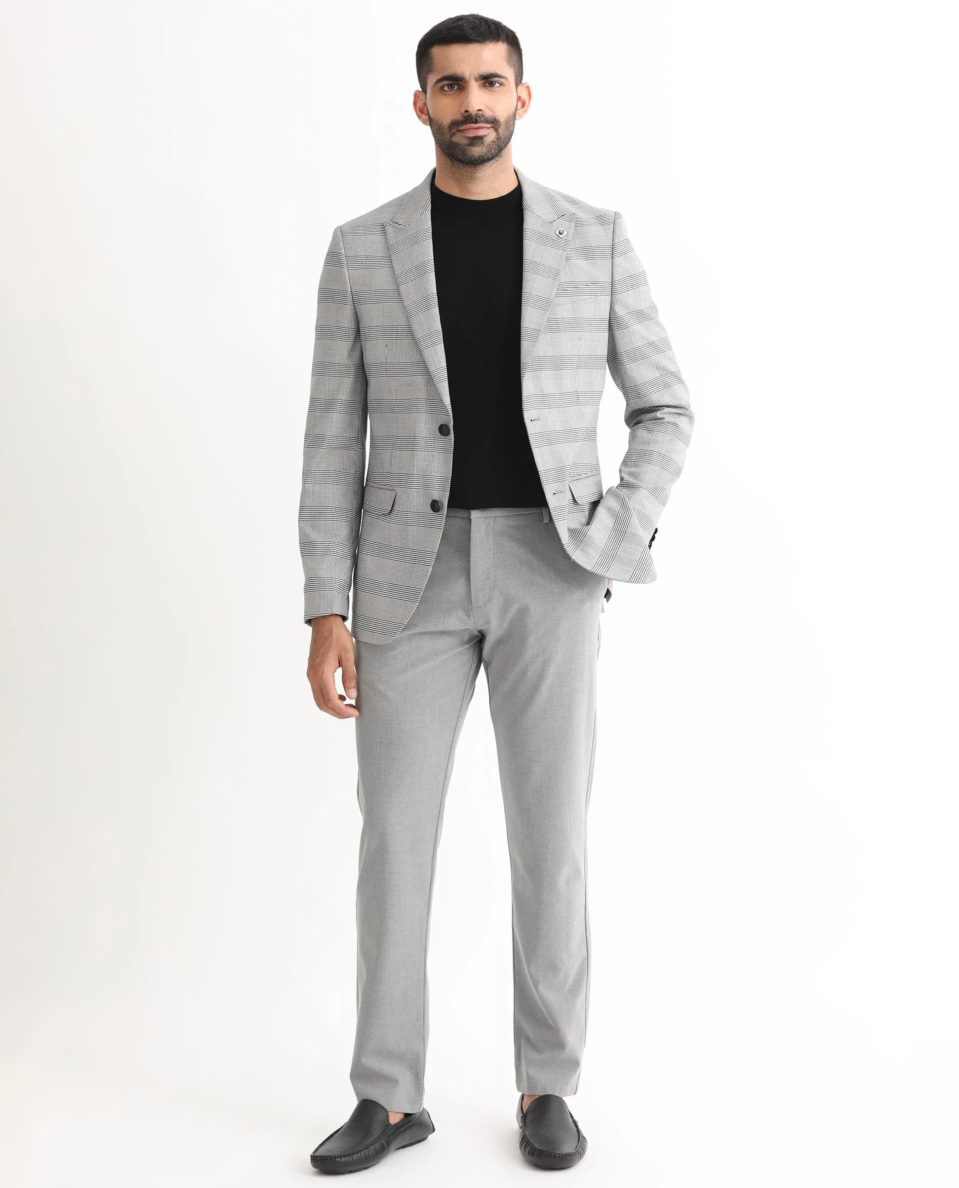 Rare Rabbit Men's Bostic Light Grey Polyester Checked Print Tailored Fit Full Sleeve Lapel Neck Blazer - Image 4