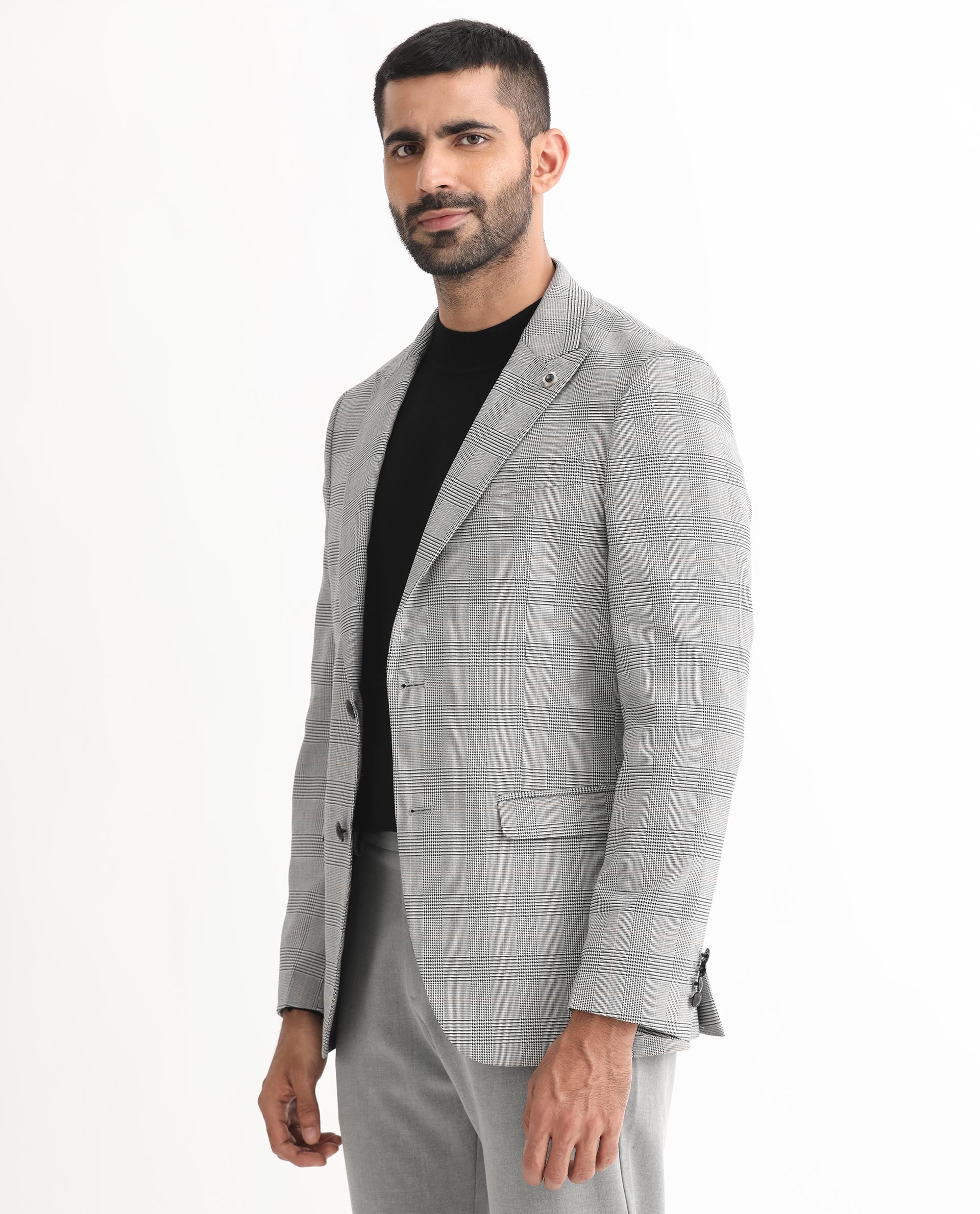 Rare Rabbit Men's Bostic Light Grey Polyester Checked Print Tailored Fit Full Sleeve Lapel Neck Blazer - Image 5