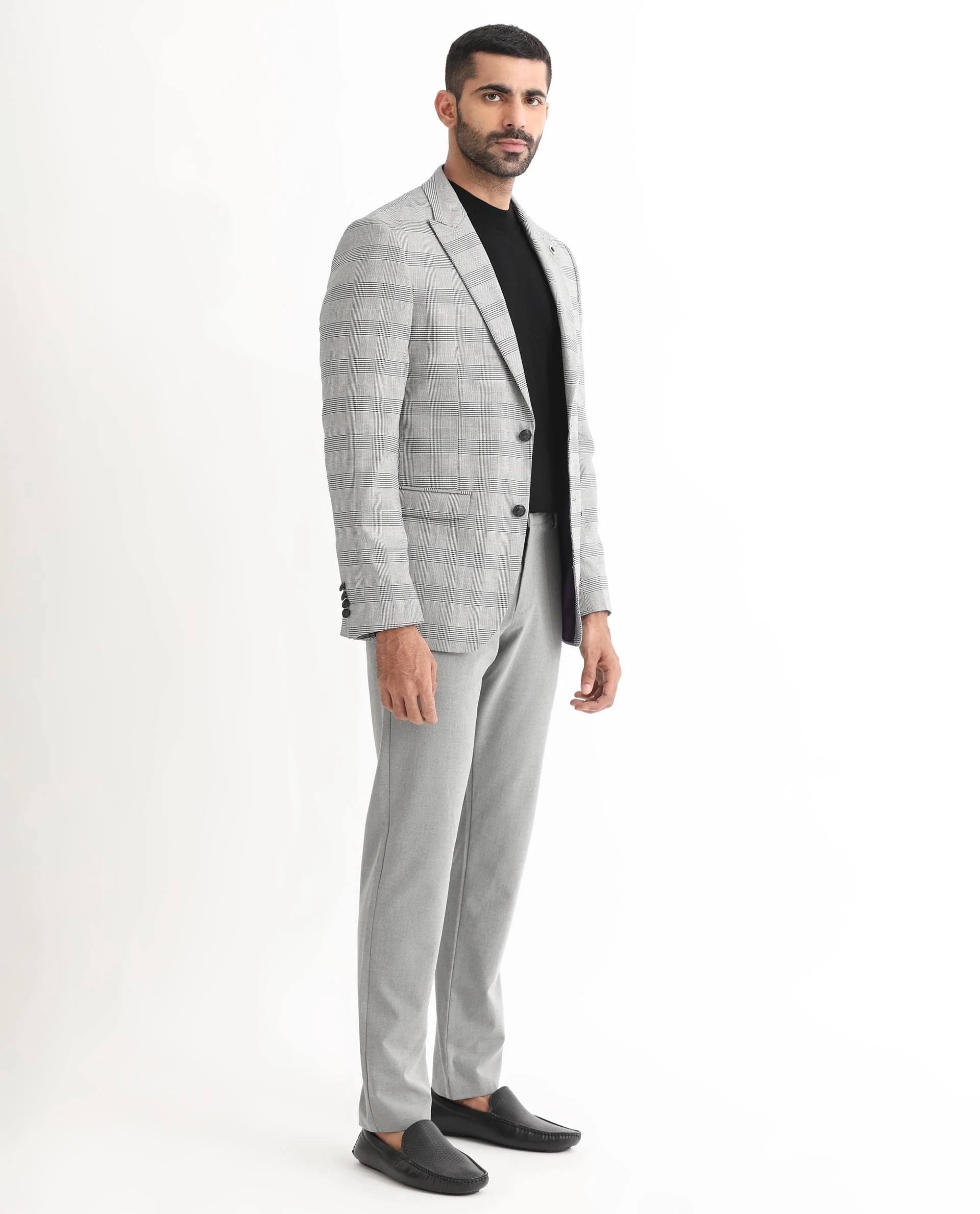 Rare Rabbit Men's Bostic Light Grey Polyester Checked Print Tailored Fit Full Sleeve Lapel Neck Blazer - Image 6