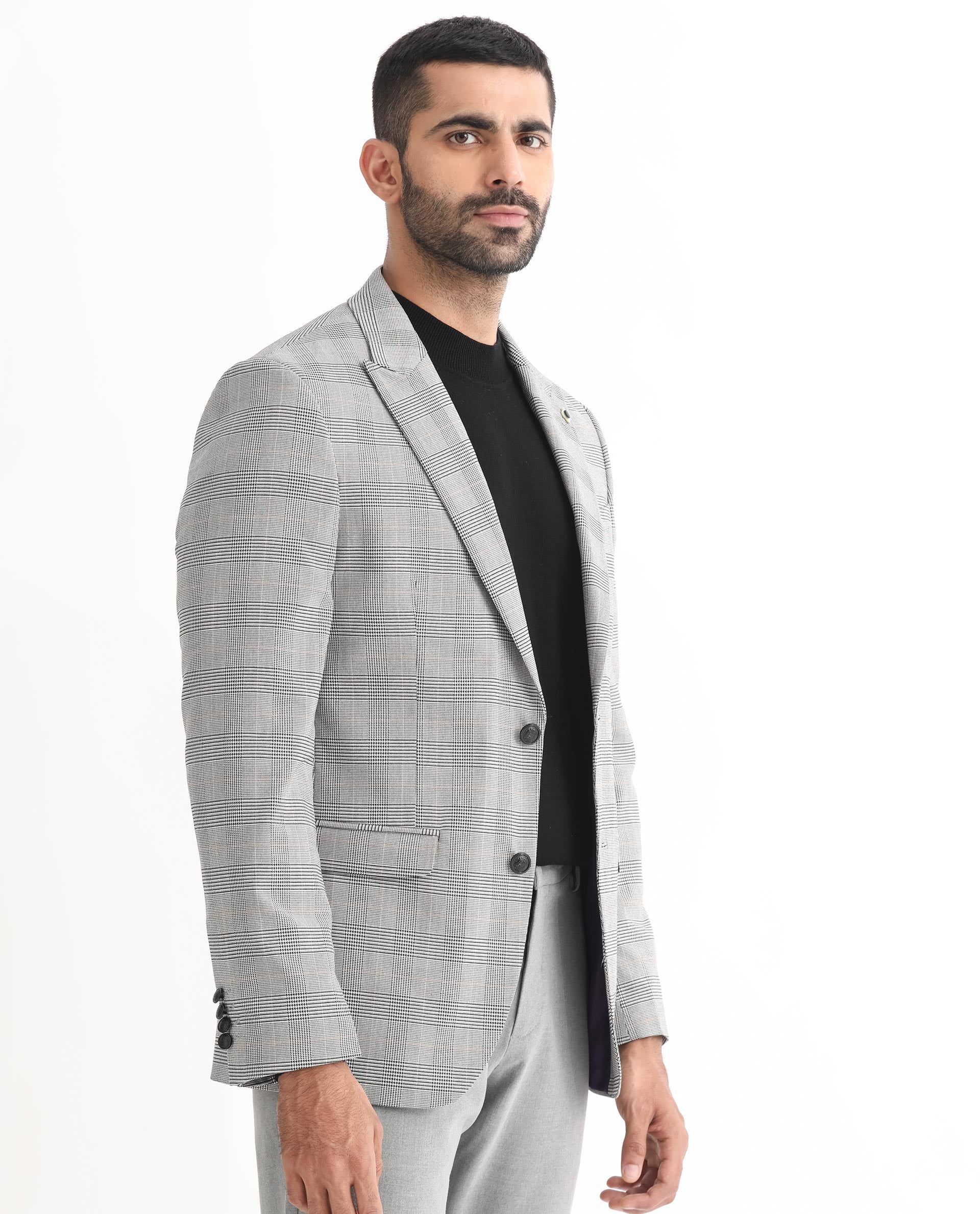 Rare Rabbit Men's Bostic Light Grey Polyester Checked Print Tailored Fit Full Sleeve Lapel Neck Blazer - Image 7