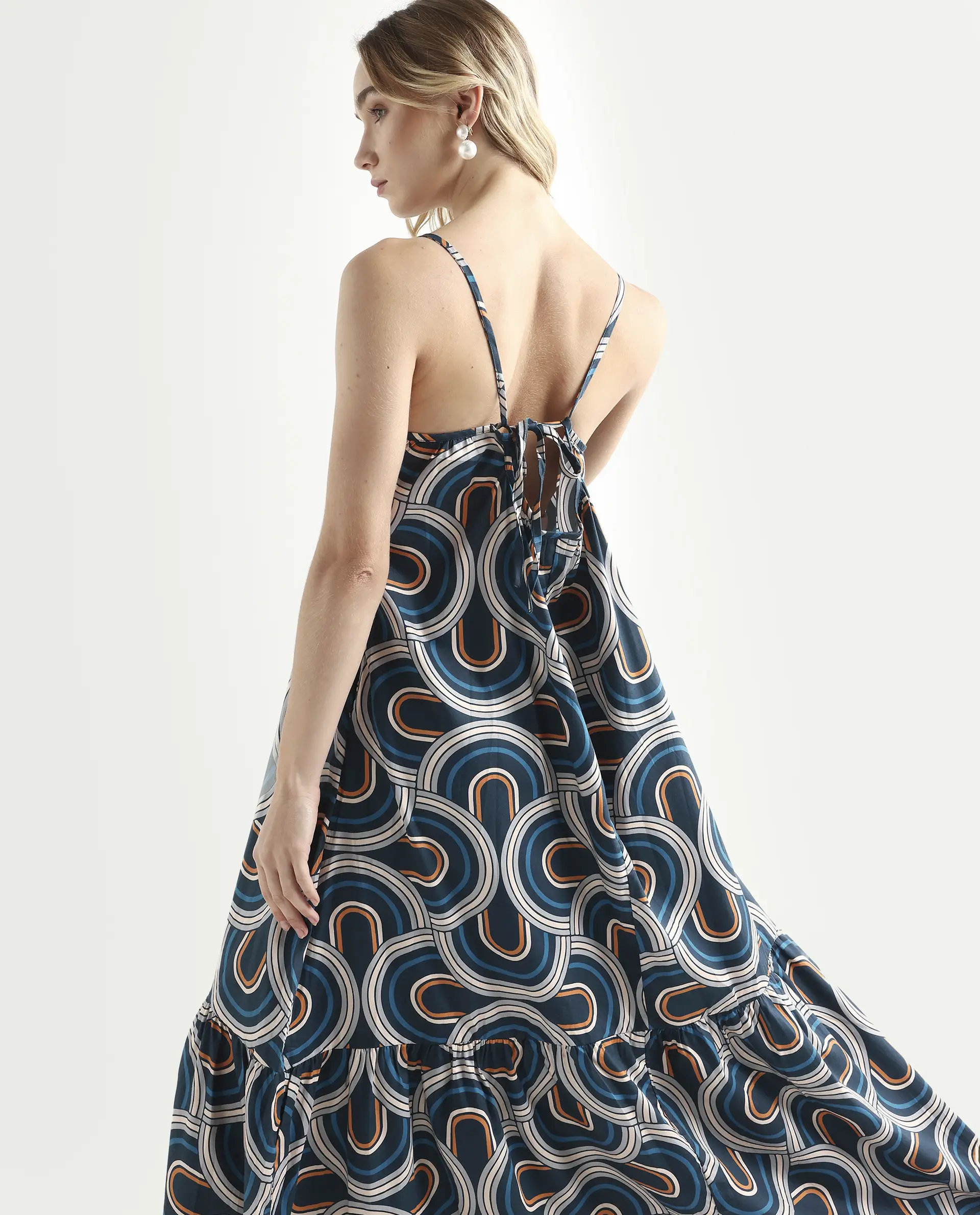 Rareism Women's Botany Blue Cotton V-Neck Abstract Print Shoulder Strap Maxi Relaxed Fit Dress